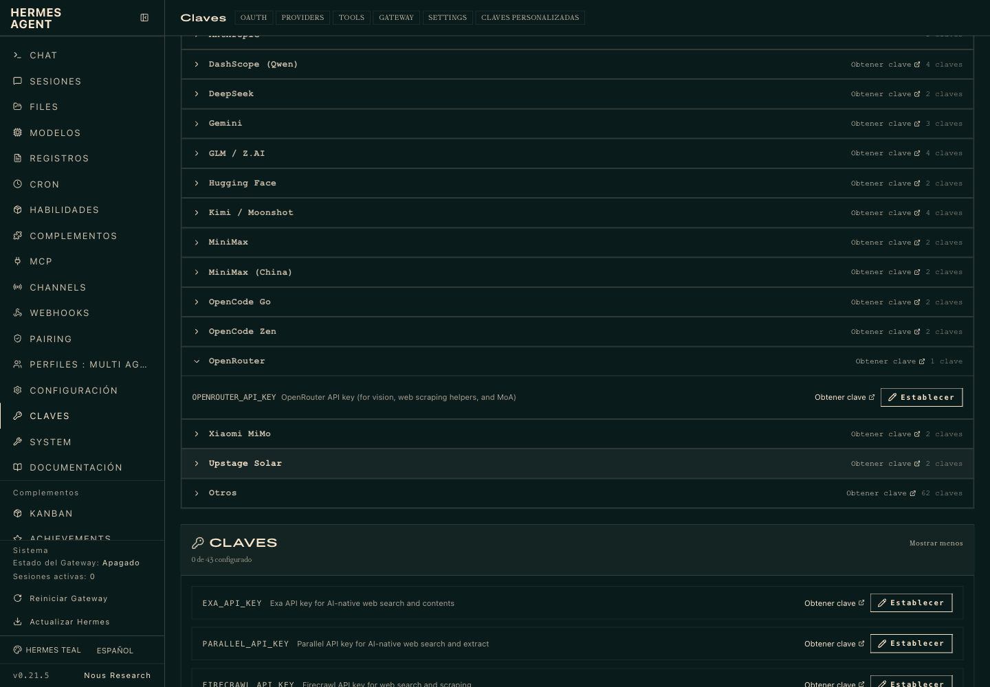 OpenRouter desplegado con el campo OPENROUTER_API_KEY y los botones Obtener clave y Establecer