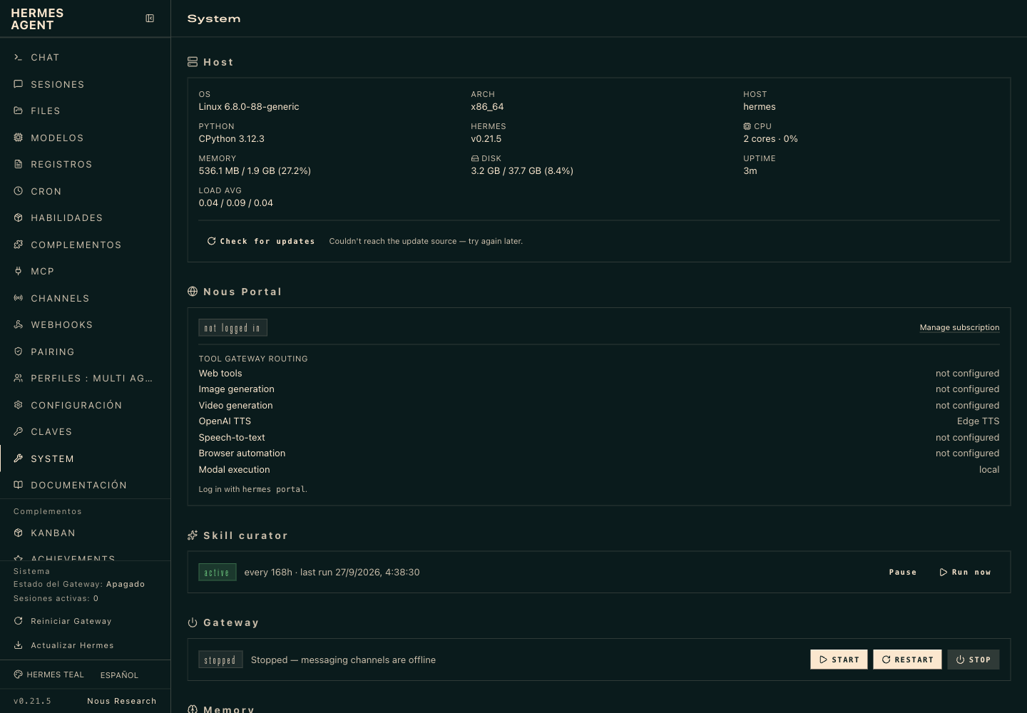 Sección System con datos del servidor, versión de Hermes, estado de Nous Portal, herramientas, curador de habilidades y gateway