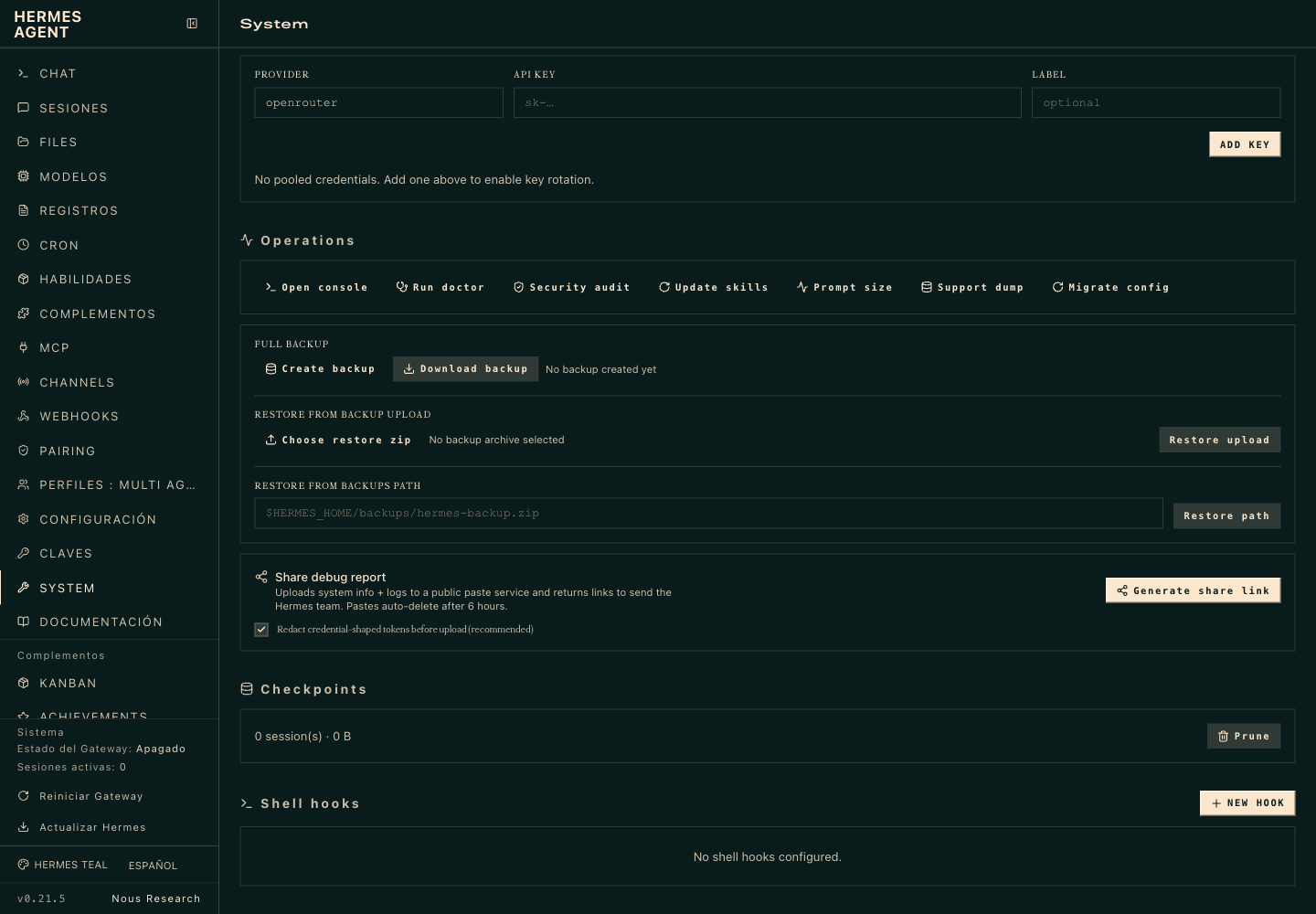 Bloque Operations con consola, doctor, auditoría de seguridad y actualización de habilidades, y bloque Full backup con crear, descargar y restaurar copia