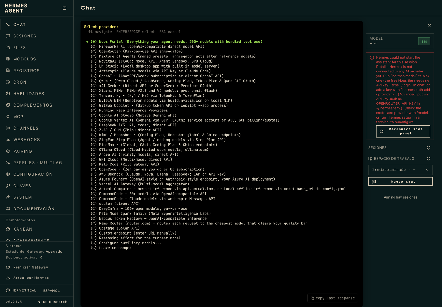 Lista de proveedores del asistente: Nous Portal, OpenRouter, Anthropic, OpenAI, Gemini, DeepSeek, Ollama, AWS Bedrock, Azure y más