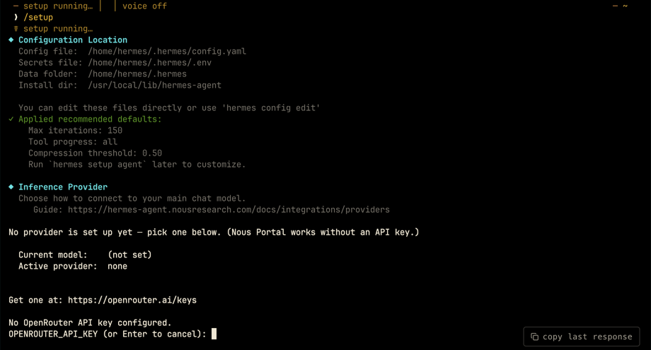 El asistente indica dónde guarda la configuración y pide OPENROUTER_API_KEY, con la opción de pulsar Intro para cancelar