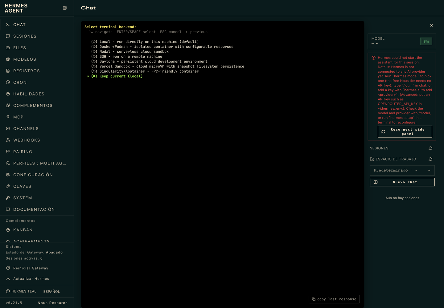 Selección del backend de terminal: Local, Docker/Podman, Modal, SSH, Daytona, Vercel Sandbox, Singularity o mantener el actual