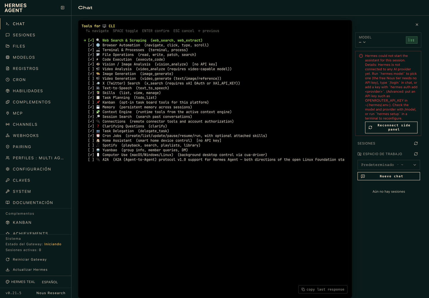 Herramientas activables: búsqueda web, navegador, terminal, ficheros, ejecución de código, visión, generación de imágenes, voz, habilidades, memoria, tareas programadas y más