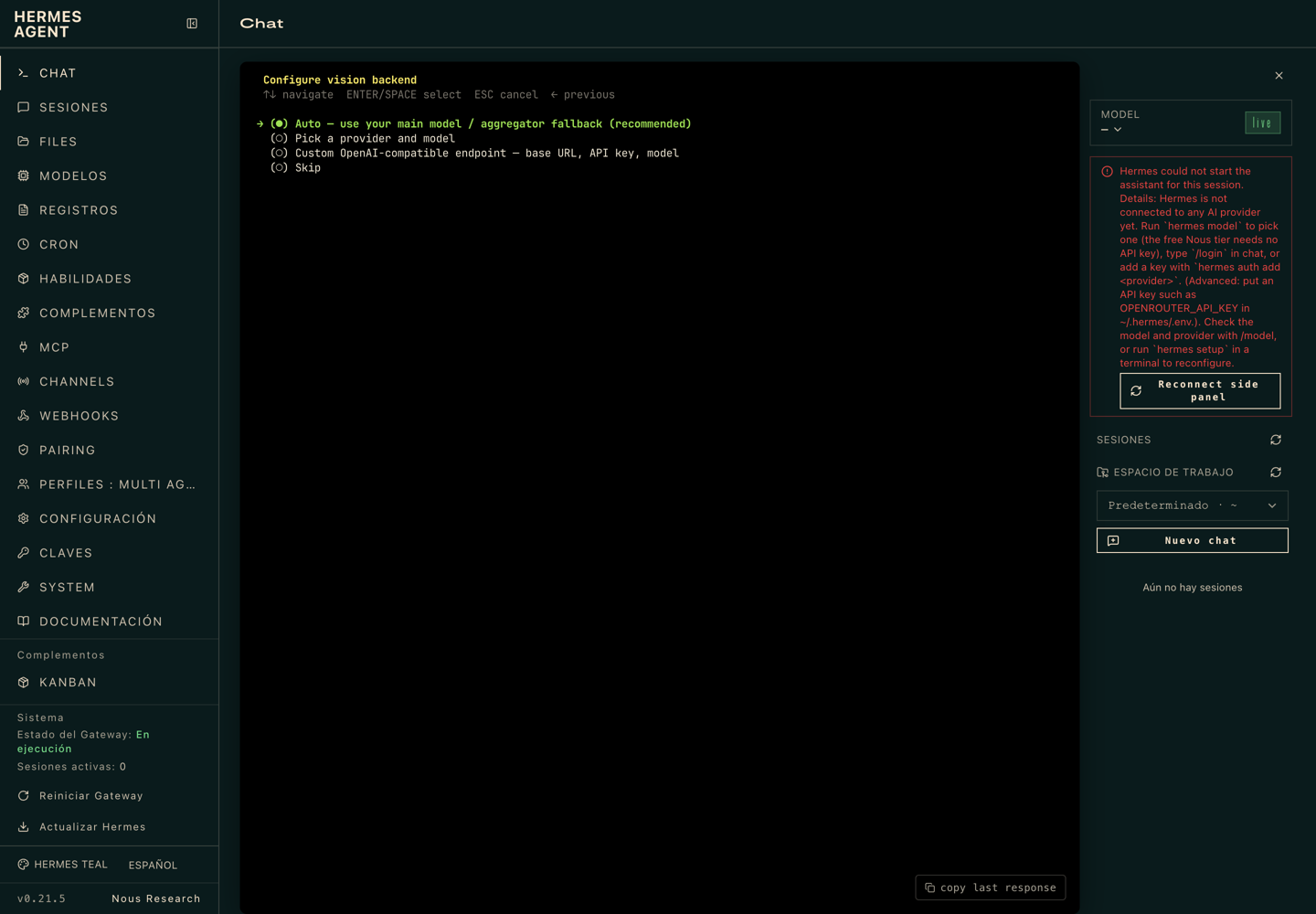 Configuración de visión: automática con el modelo principal, elegir proveedor, endpoint propio u omitir