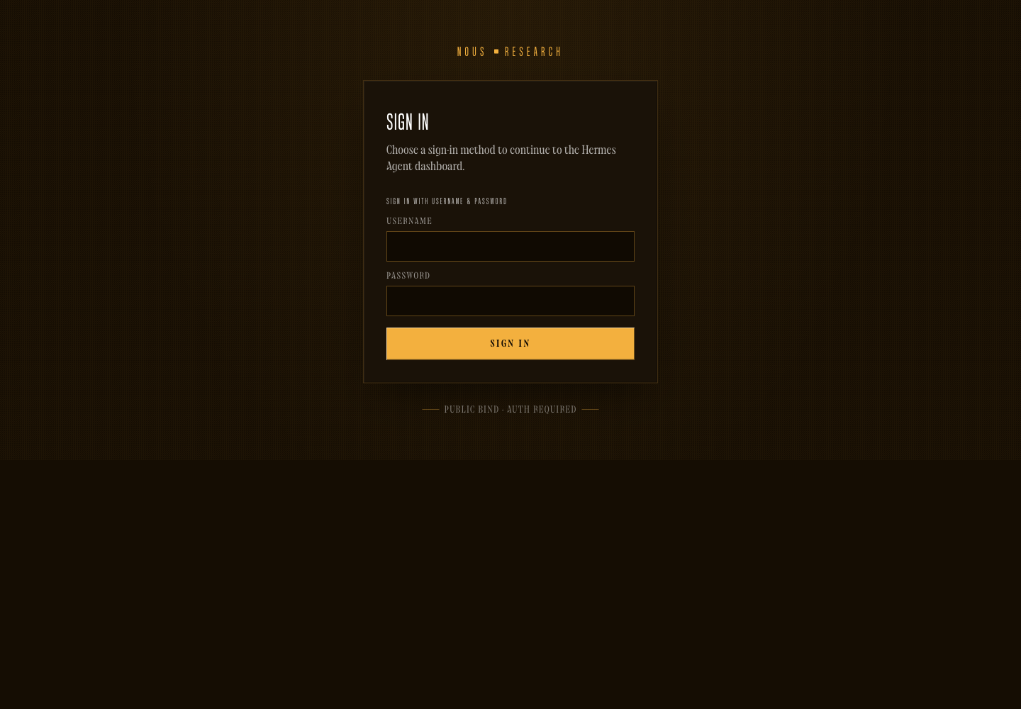 Pantalla de inicio de sesión de Hermes Agent con usuario y contraseña, la misma que muestra detrás de Tailscale Serve o de nginx
