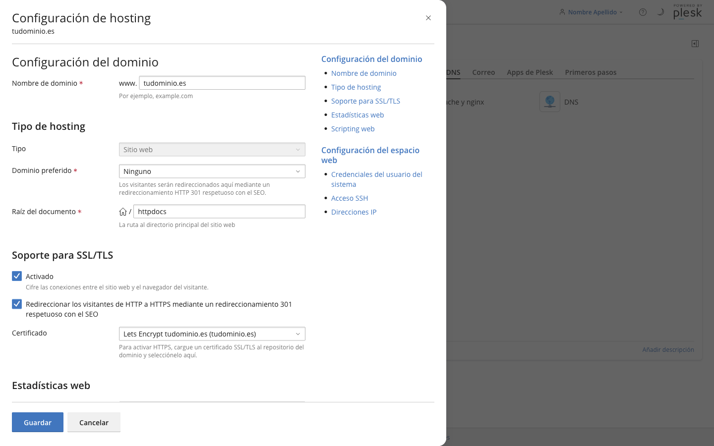 Cuadro Configuración de hosting de tudominio.es, con el dominio preferido, la raíz del documento httpdocs y el soporte para SSL/TLS con redirección a HTTPS activados