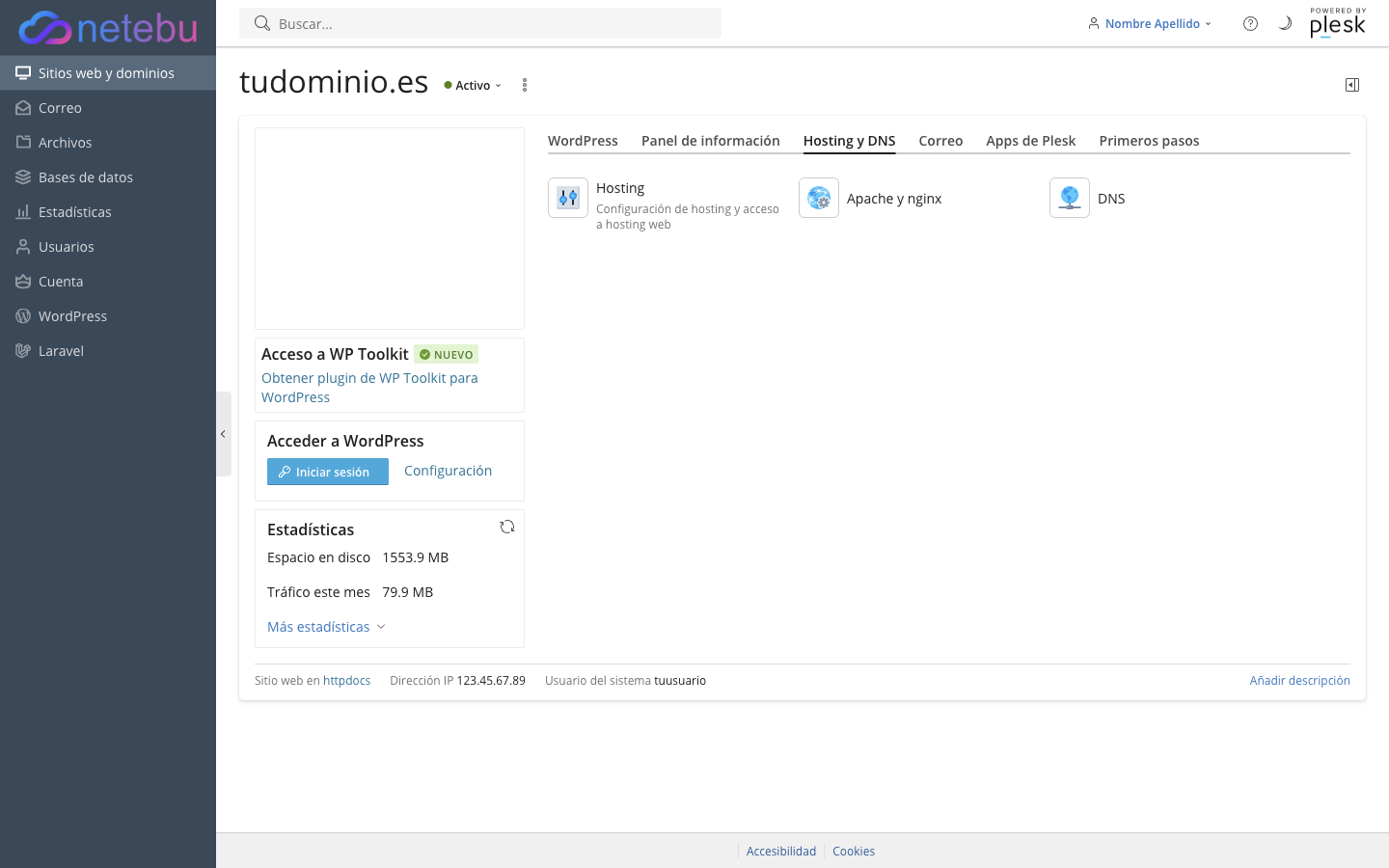 Pestaña Hosting y DNS de tudominio.es en el panel Plesk, con las tarjetas Hosting, Apache y nginx, y DNS