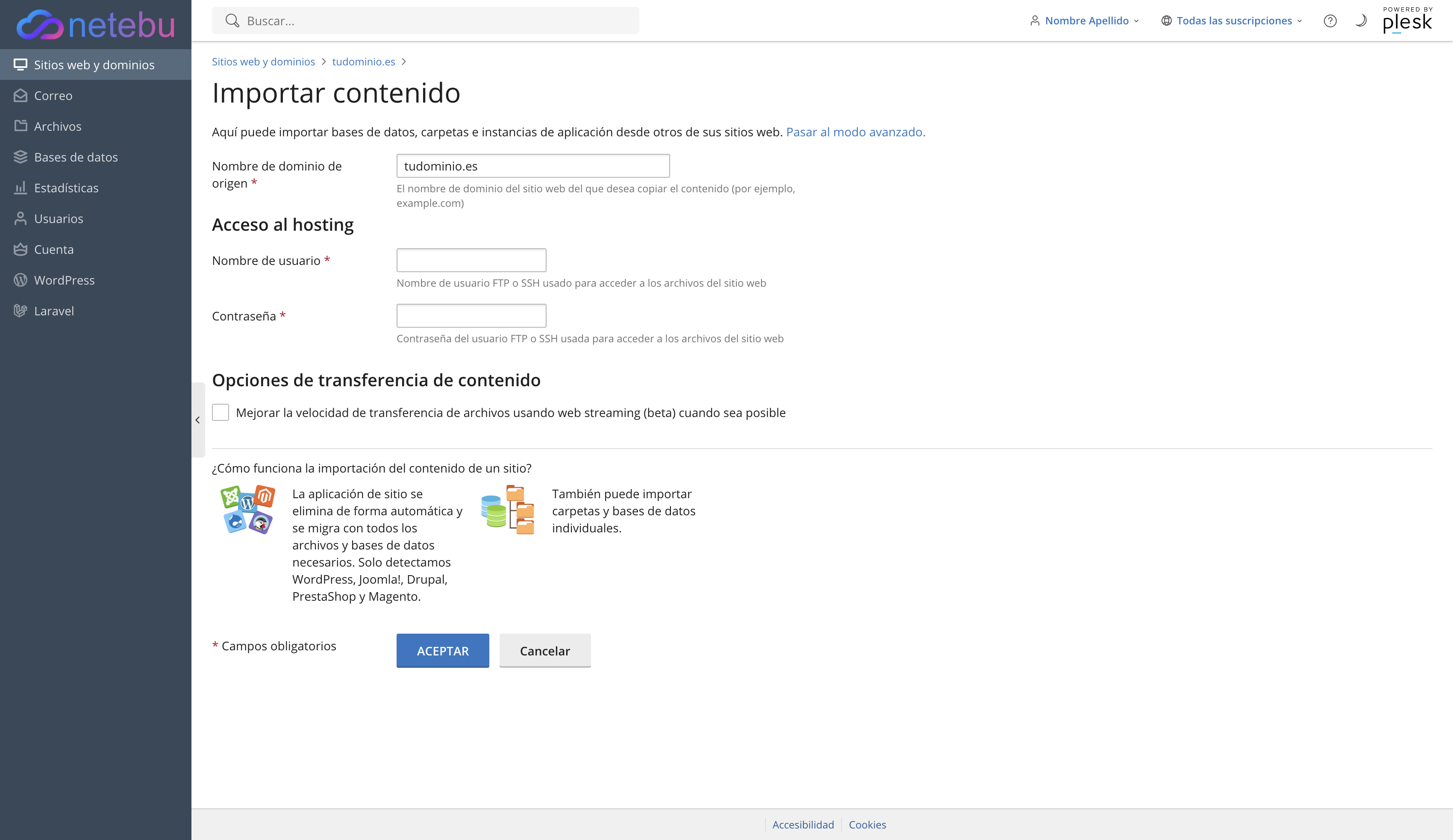 Formulario Importar contenido, con el nombre de dominio de origen, el usuario y la contraseña de acceso al hosting antiguo