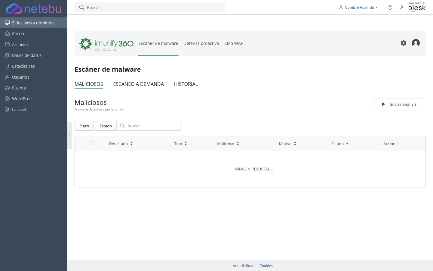 Pestaña Maliciosos del escáner de malware de Imunify360, sin resultados detectados