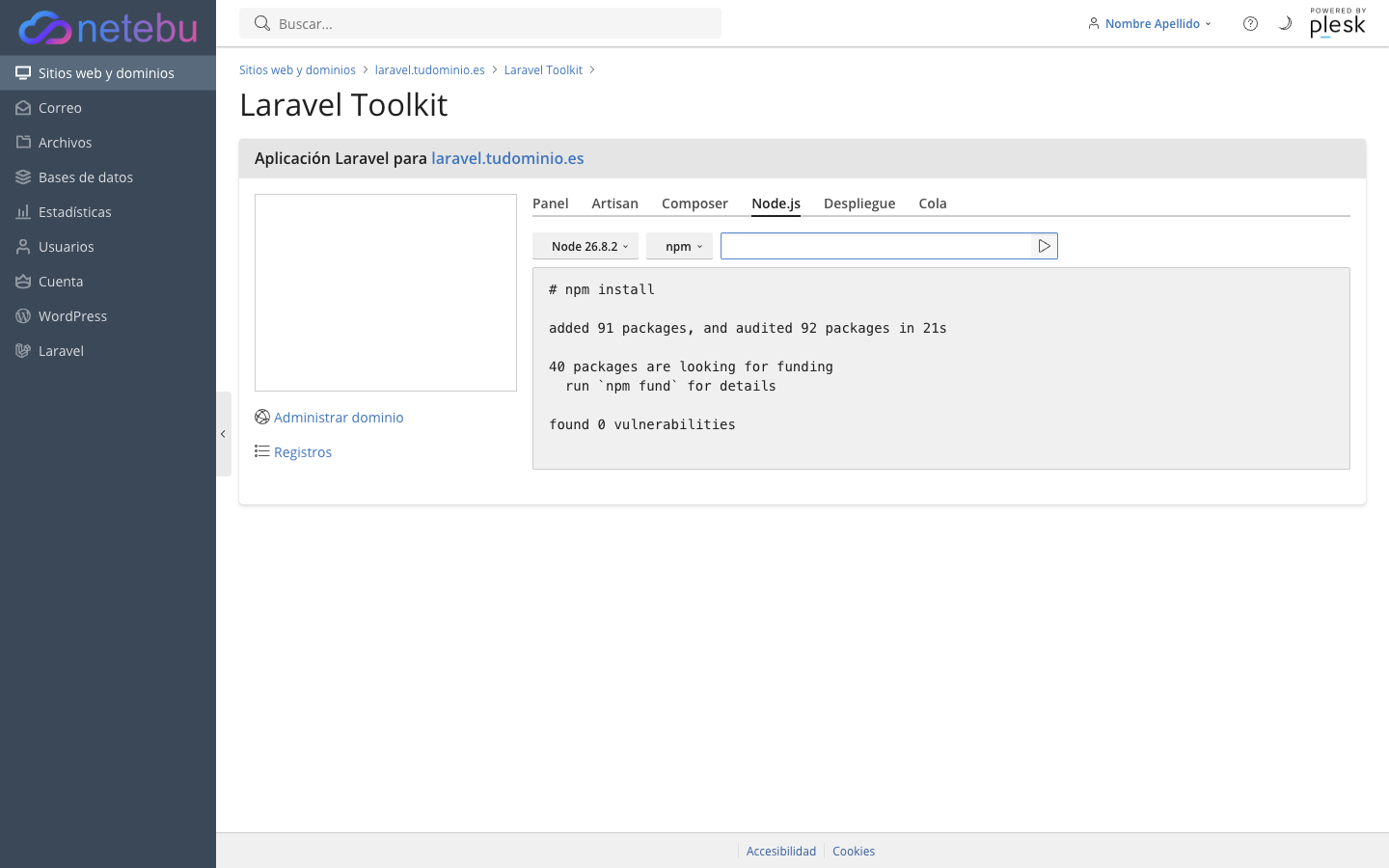 Salida de npm install: added 91 packages, and audited 92 packages in 21s, found 0 vulnerabilities