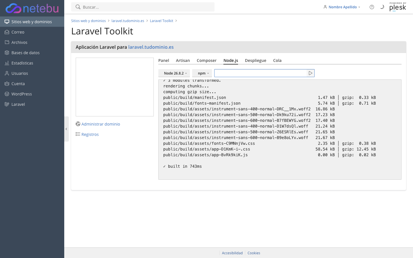 Salida de npm run build listando los ficheros generados en public/build y "built in 743ms"