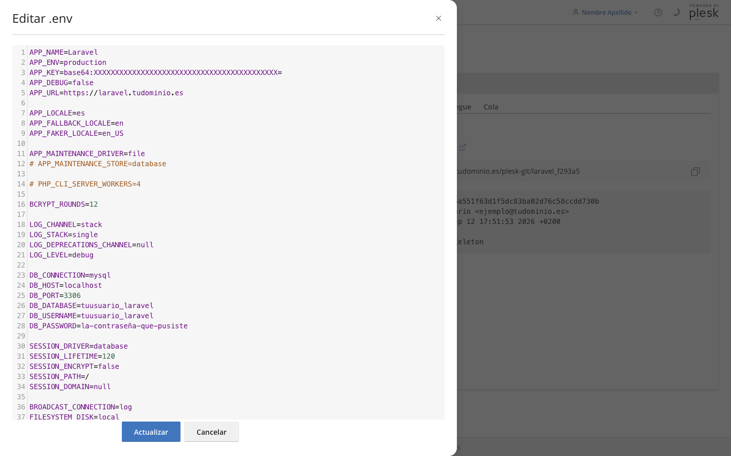 Editor .env con APP_ENV=production, APP_URL=https://laravel.tudominio.es y el bloque DB_CONNECTION=mysql, DB_HOST=localhost, DB_PORT=3306, DB_DATABASE, DB_USERNAME y DB_PASSWORD