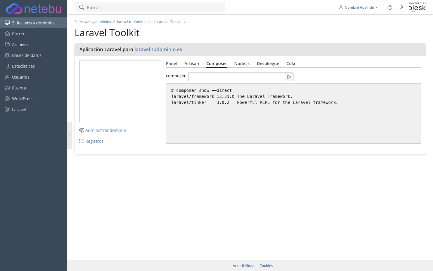 Pestaña Composer con el comando composer show --direct y la salida laravel/framework 13.31.0 y laravel/tinker 3.0.2