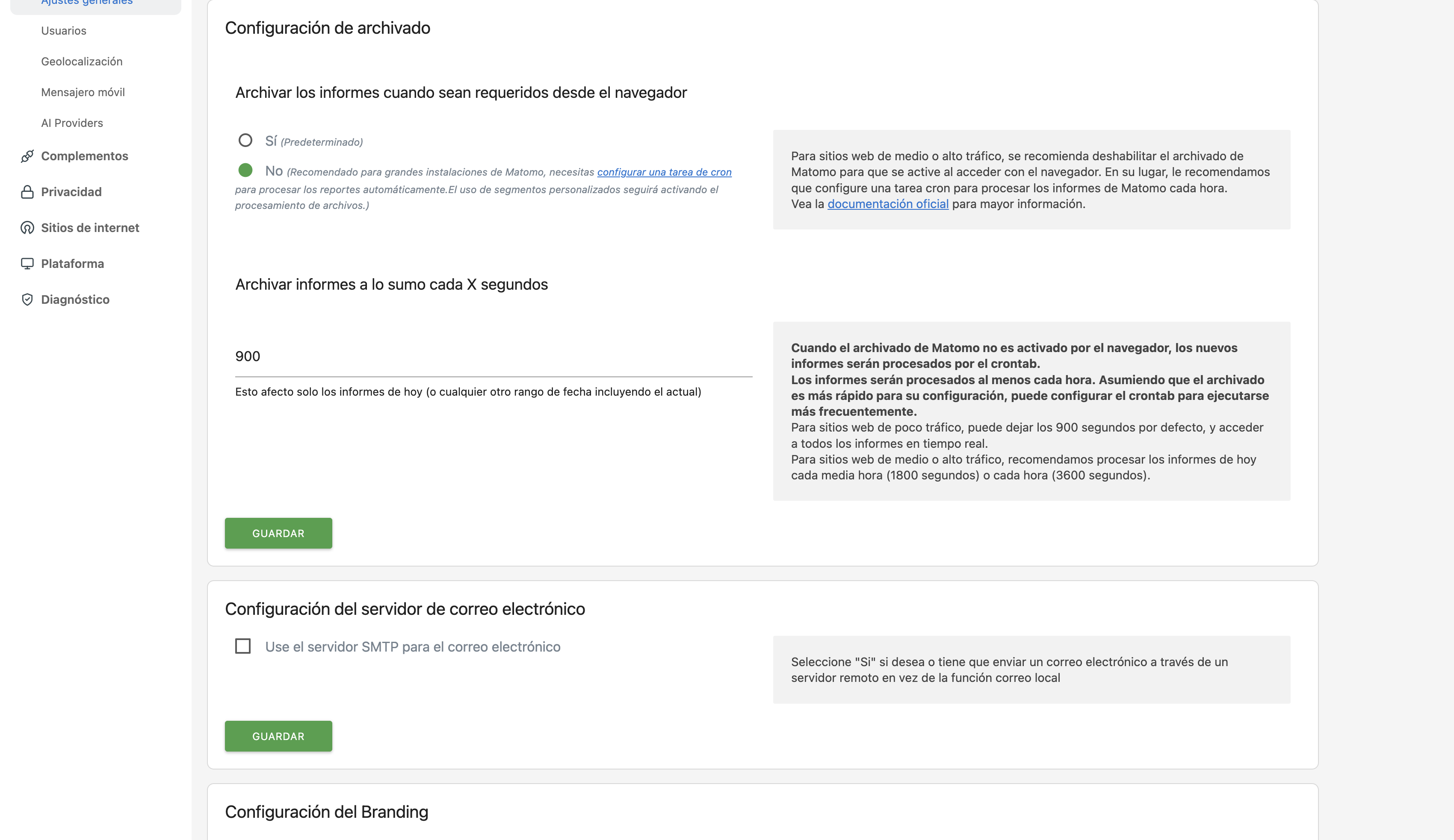 Ajustes generales de Matomo con el archivado desde el navegador en No y el archivado cada 900 segundos