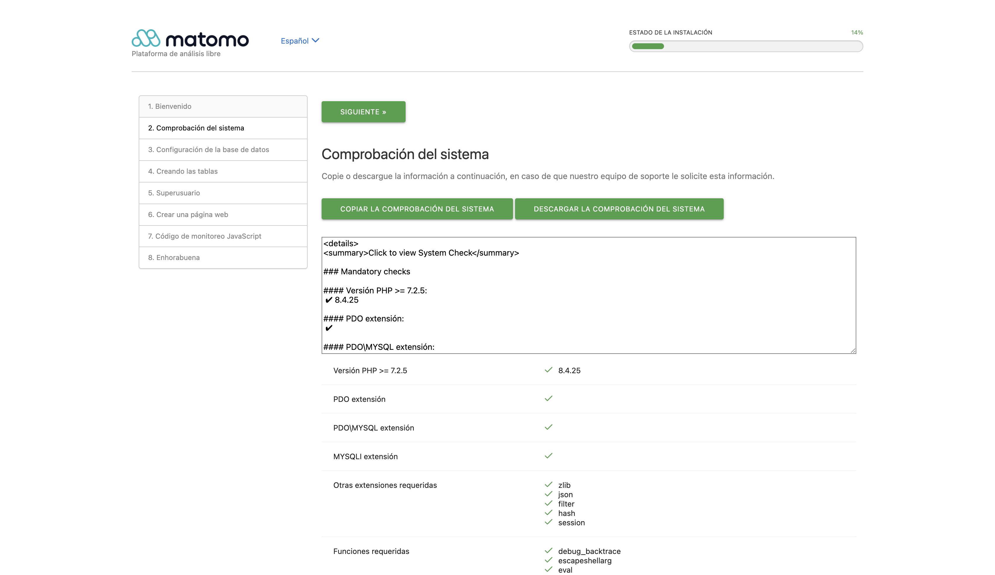 Comprobación del sistema de Matomo con la versión de PHP 8.4 y las extensiones PDO, MySQL y demás en verde