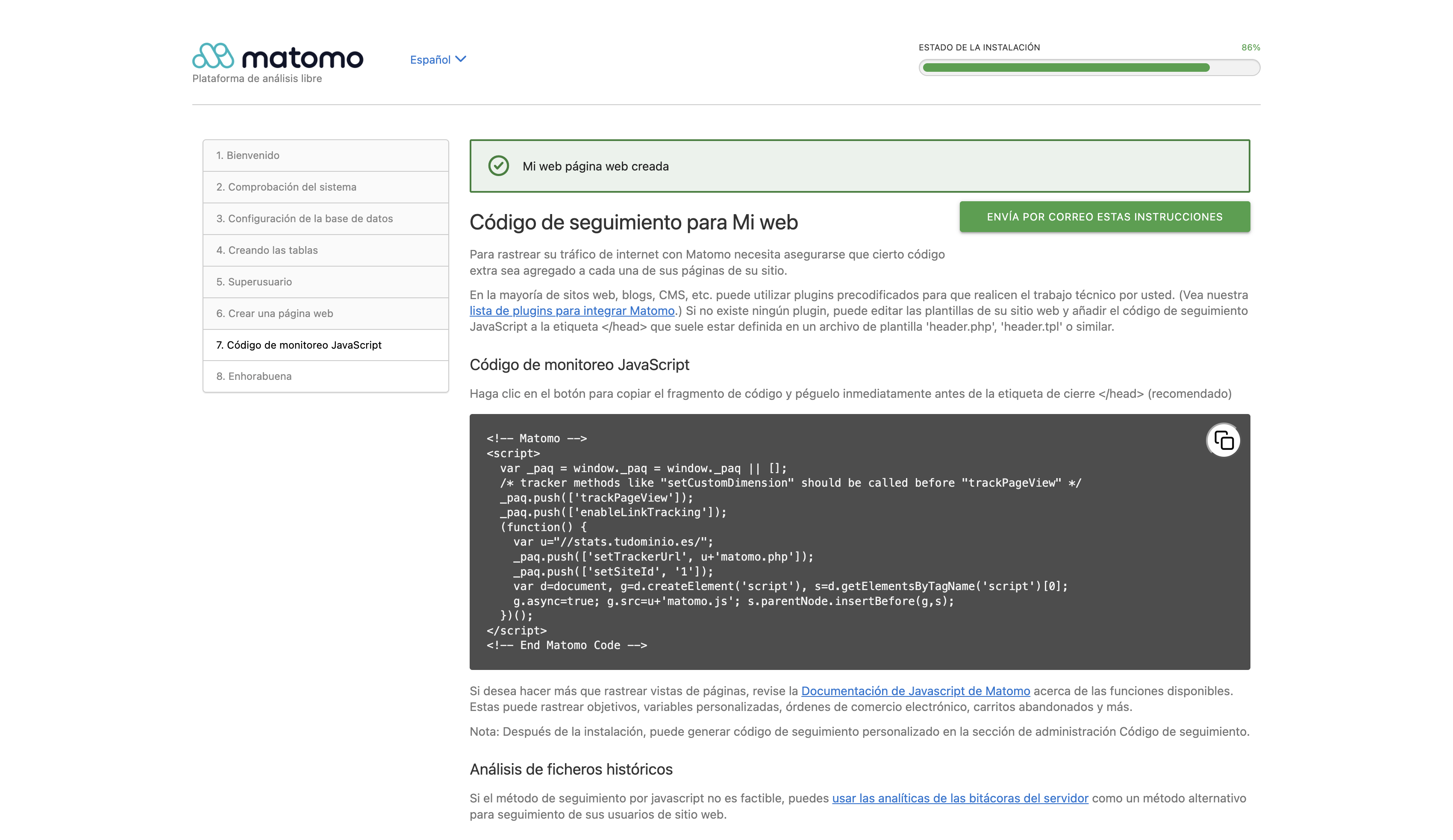 Código de seguimiento JavaScript de Matomo con la URL stats.tudominio.es y el identificador de sitio 1
