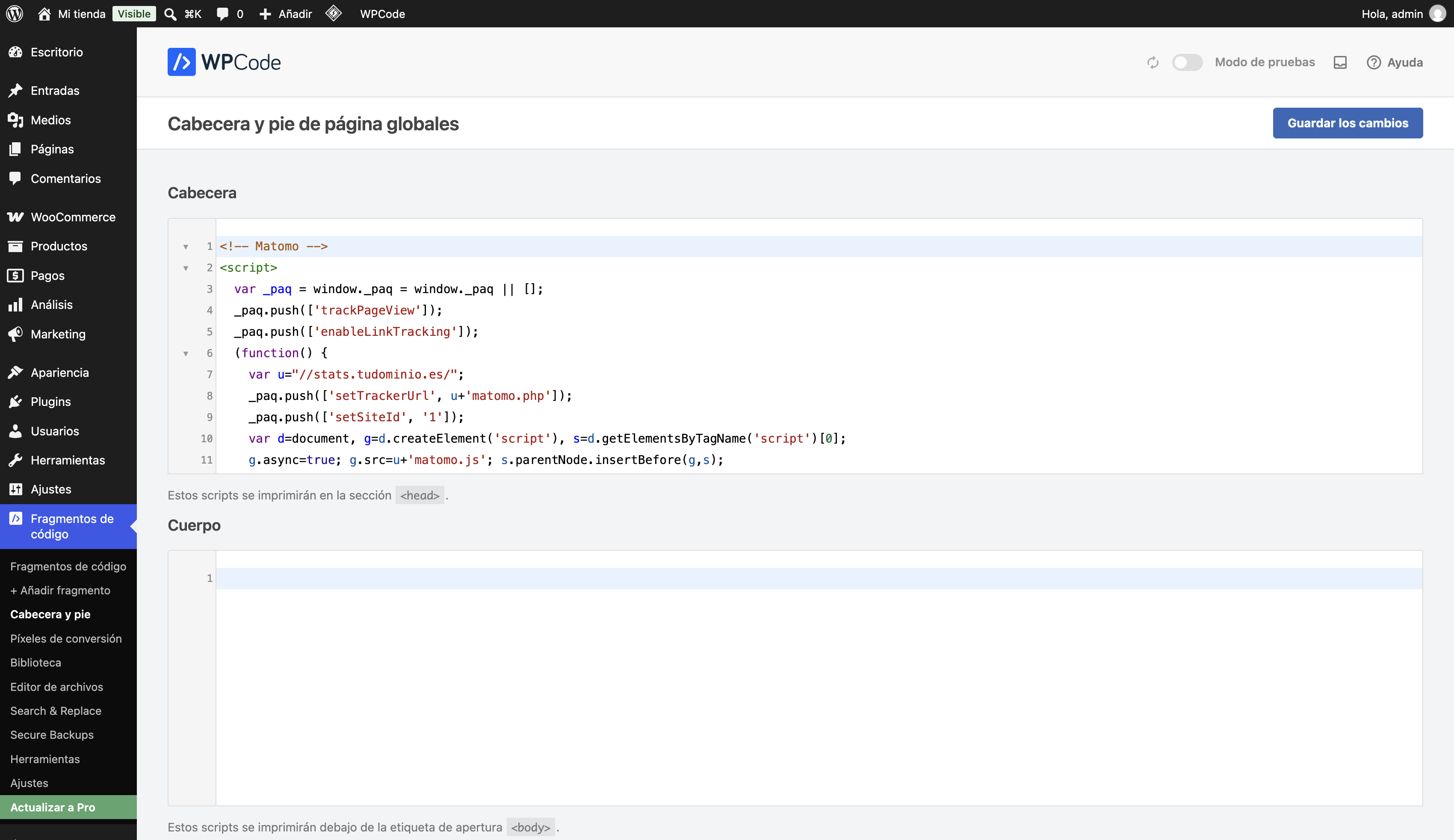 Pantalla Cabecera y pie de WPCode con el código de seguimiento de Matomo pegado en el bloque Cabecera