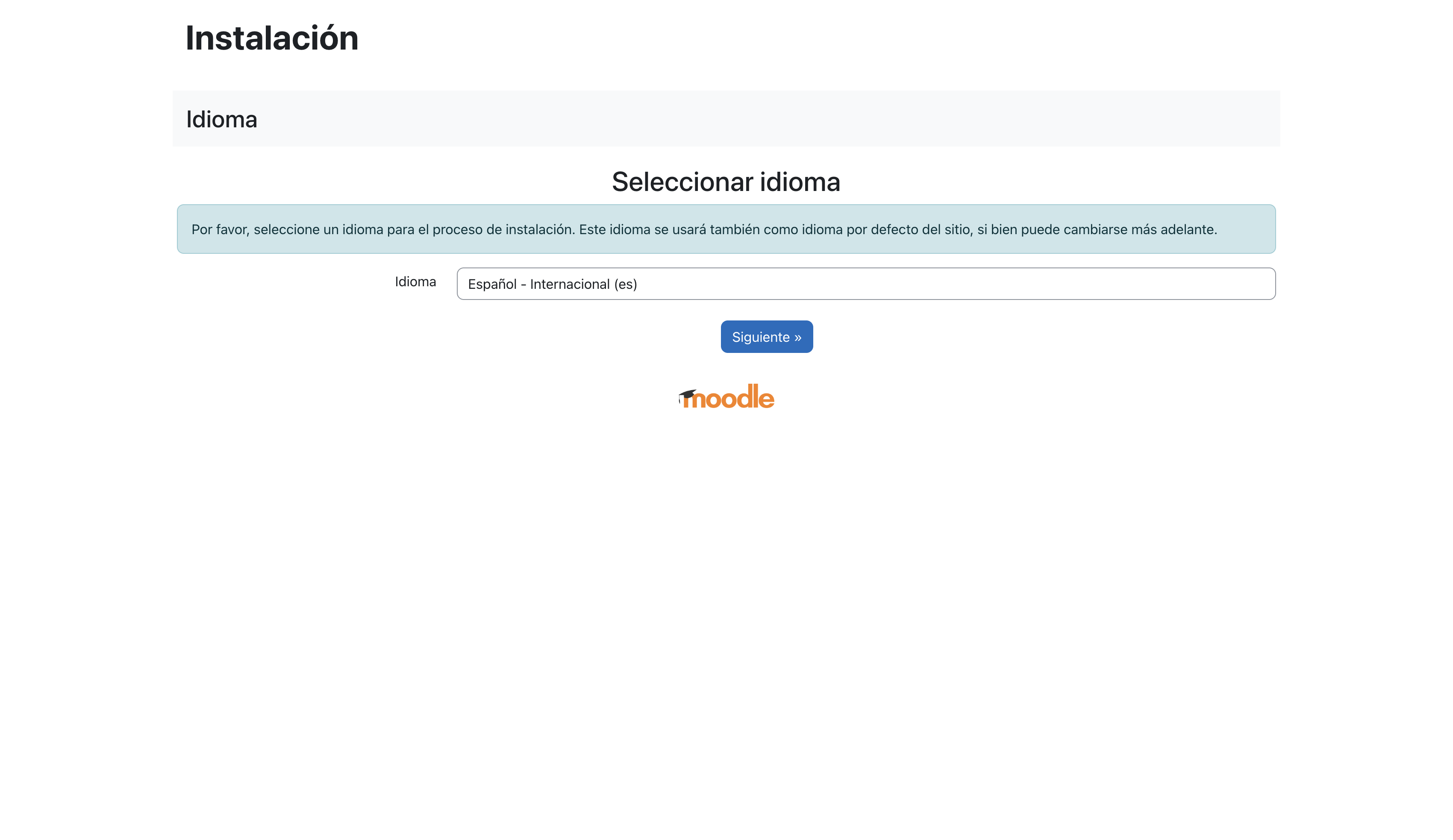 Primer paso del asistente de Moodle con el idioma Español - Internacional seleccionado