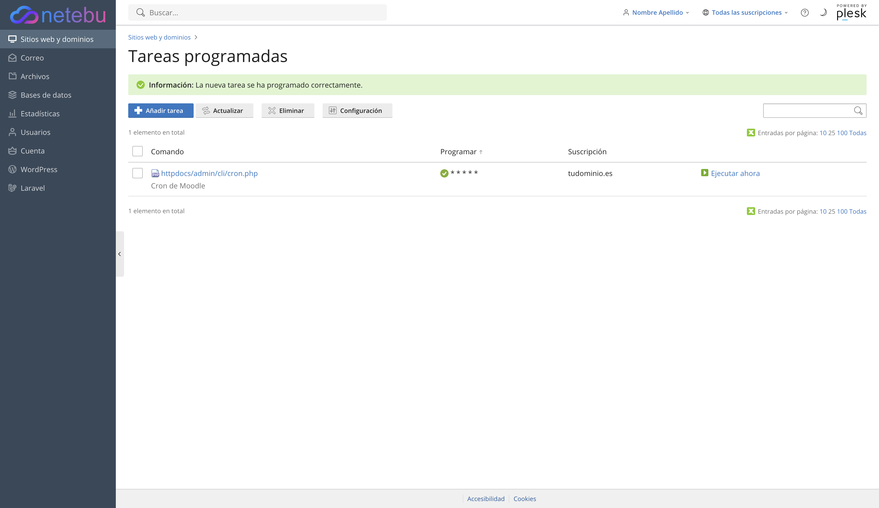 Lista de Tareas programadas con la tarea Cron de Moodle creada y el aviso de que se ha programado correctamente
