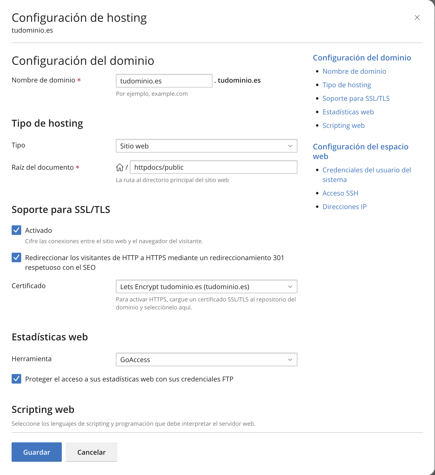 Configuración de hosting de Plesk con la Raíz del documento en httpdocs/public y el certificado Let's Encrypt seleccionado