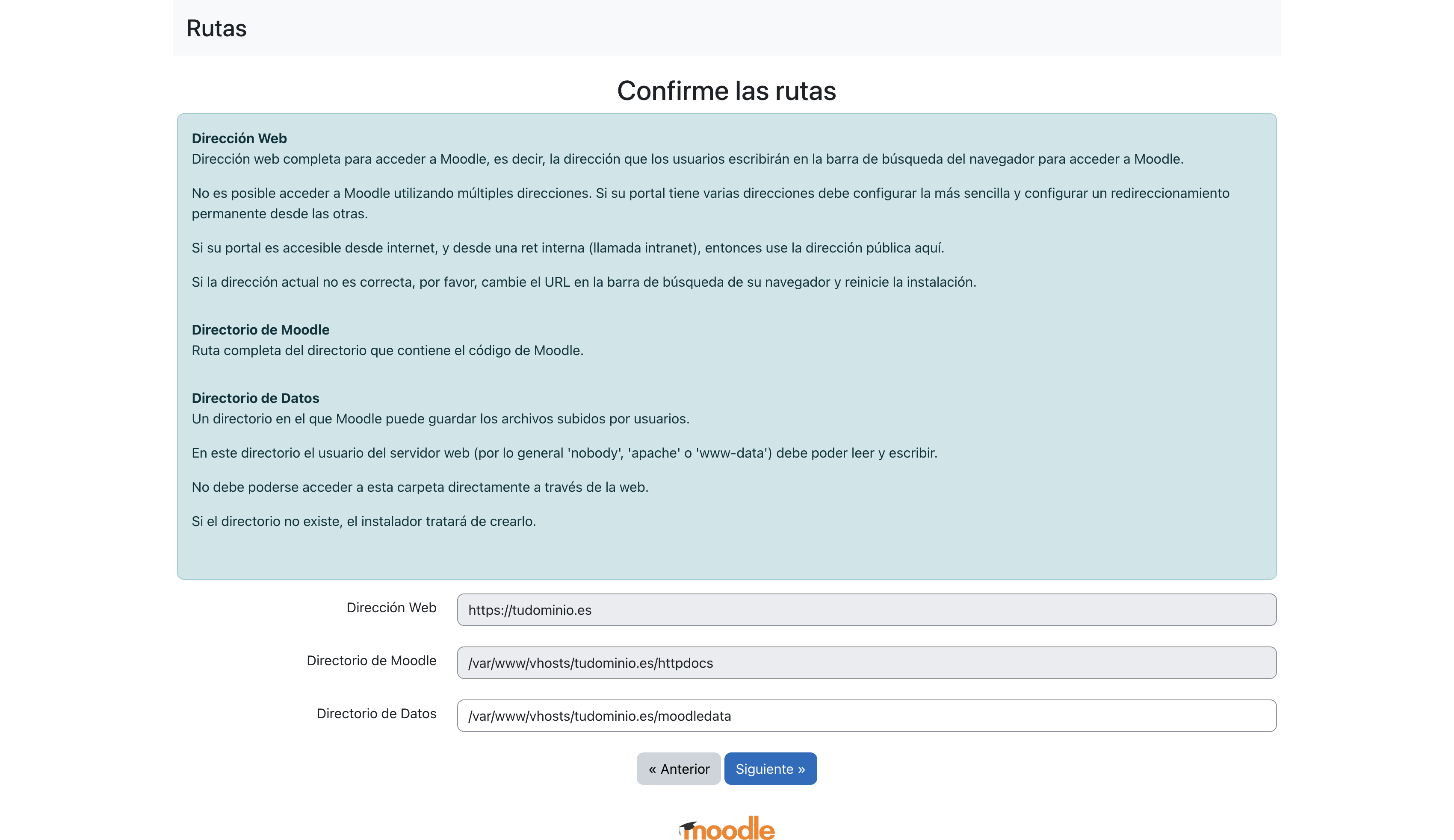 Paso Confirme las rutas con la dirección web, el directorio de Moodle y el directorio de datos moodledata