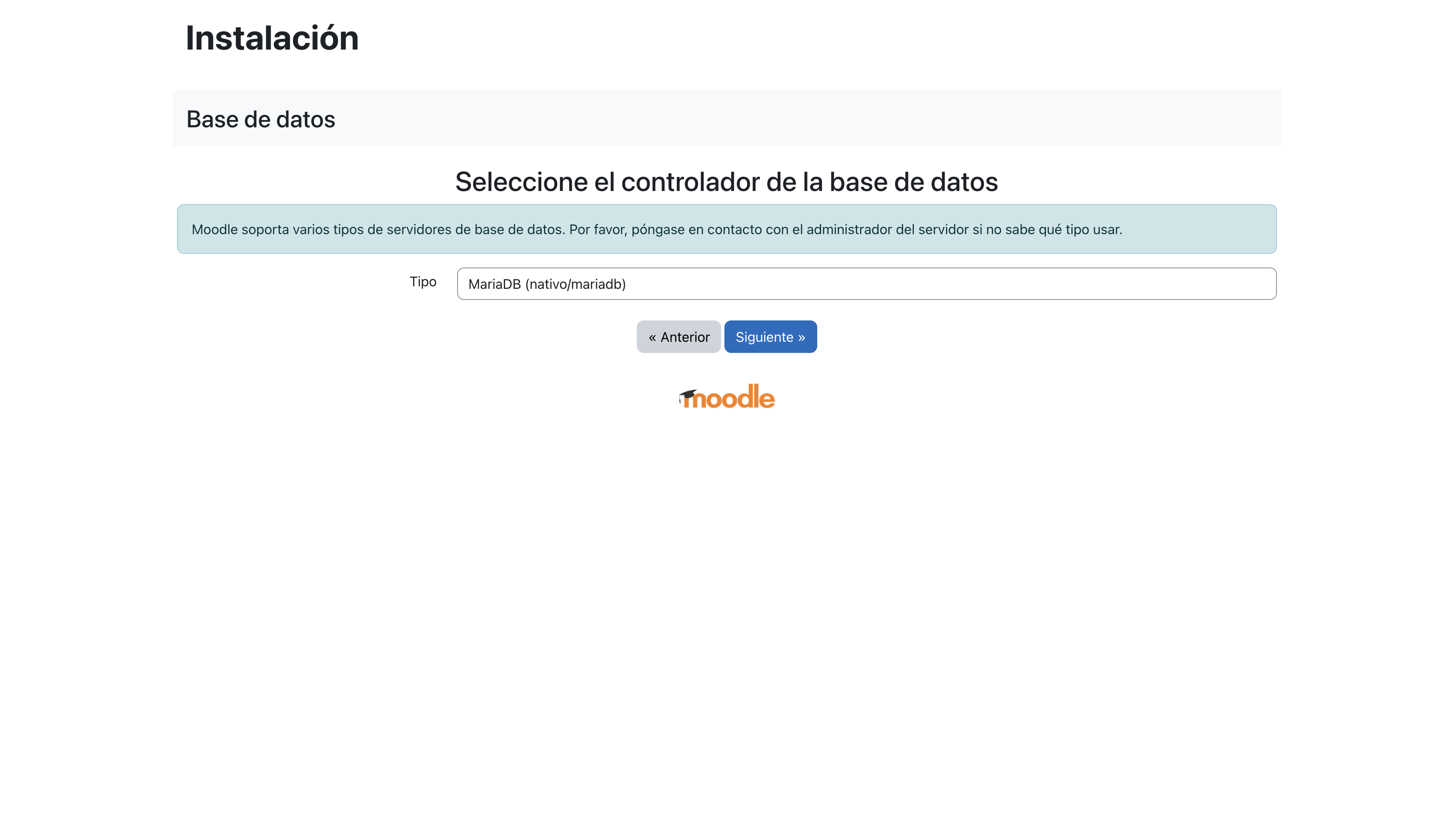 Selección del controlador de base de datos MariaDB nativo
