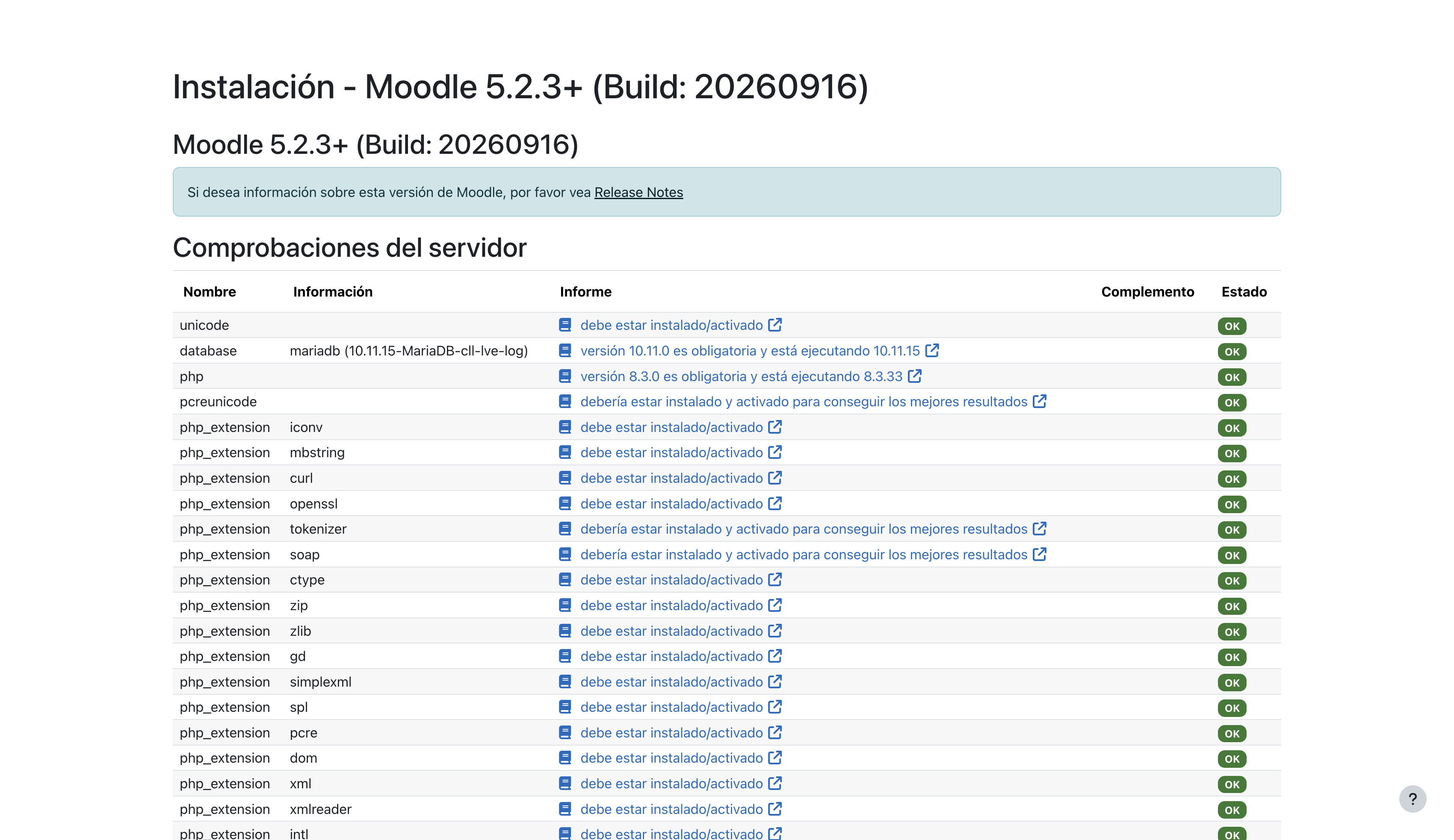 Comprobaciones del servidor de Moodle con unicode, base de datos, PHP y extensiones en OK