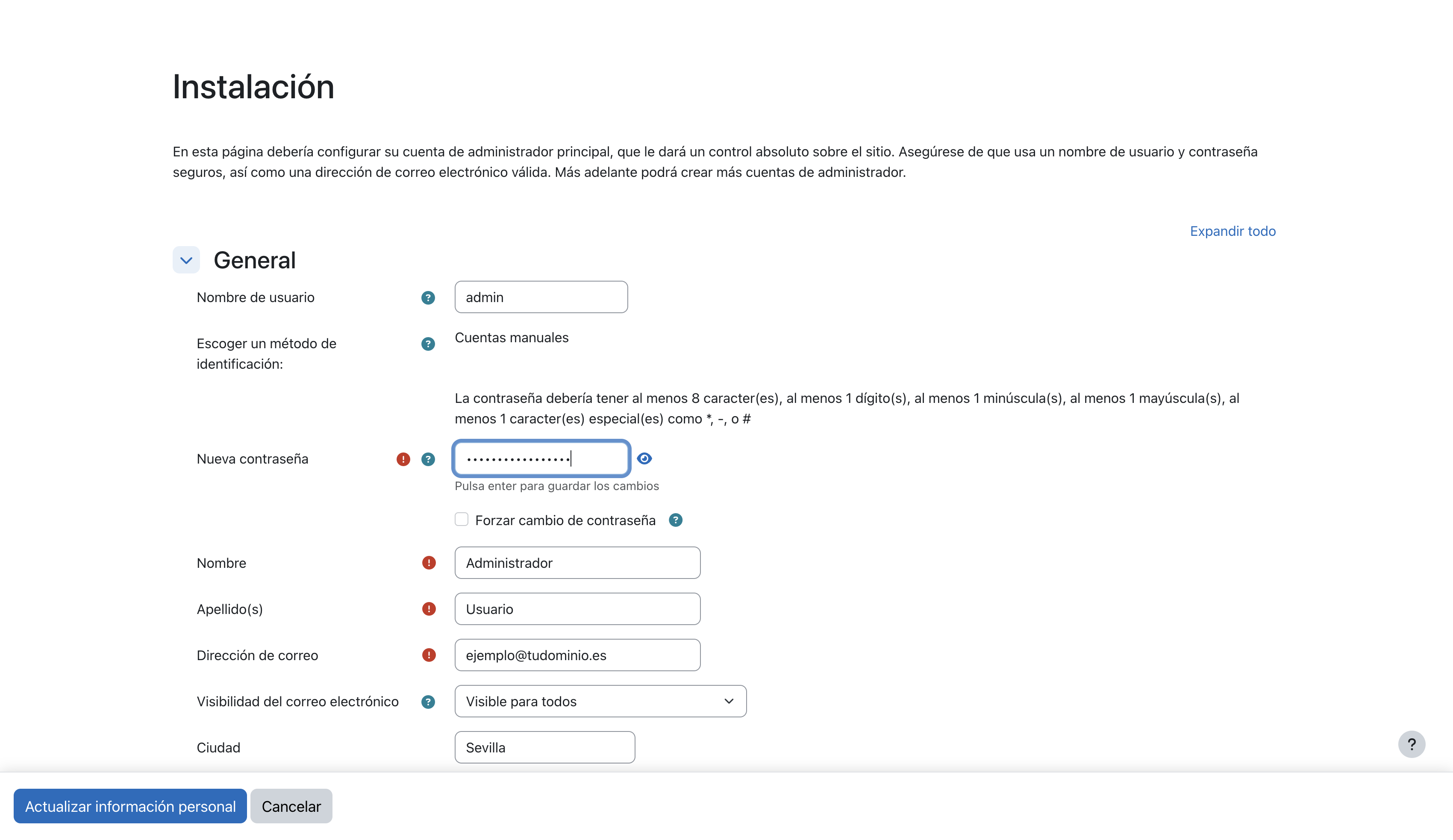 Formulario de la cuenta de administrador principal de Moodle