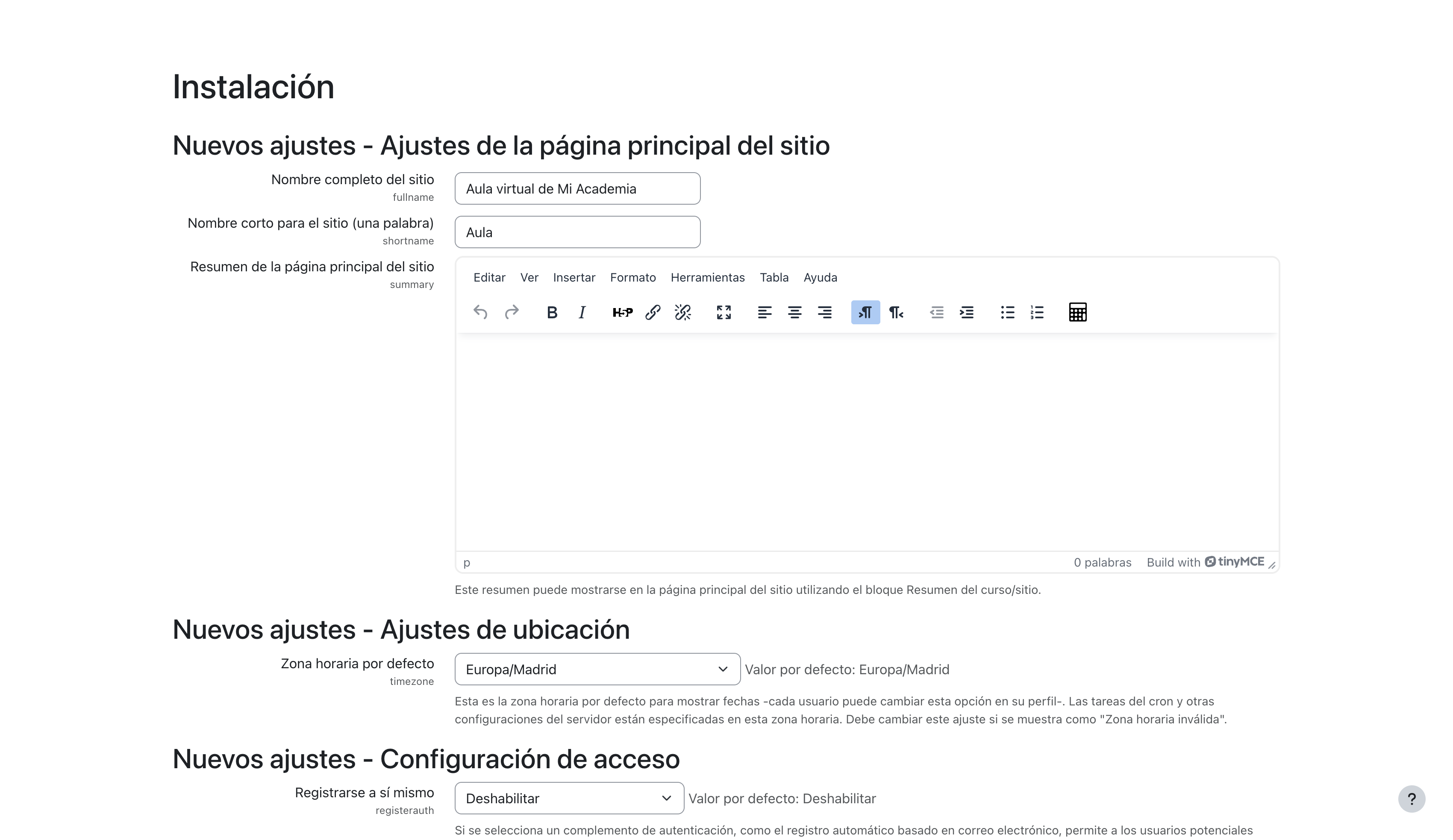 Nuevos ajustes de la página principal del sitio con el nombre completo y el nombre corto