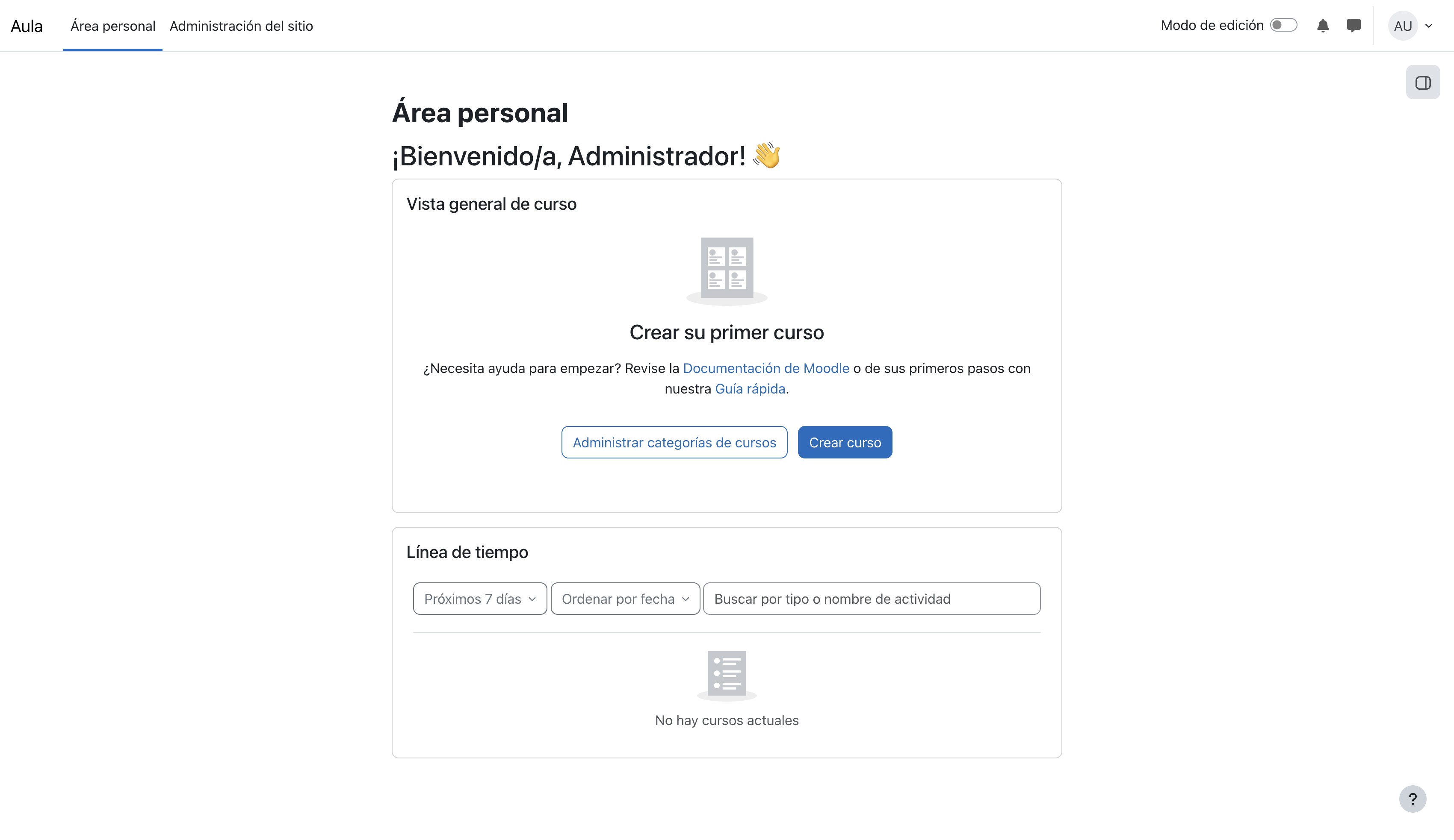 Área personal de Moodle recién instalado con la bienvenida al administrador