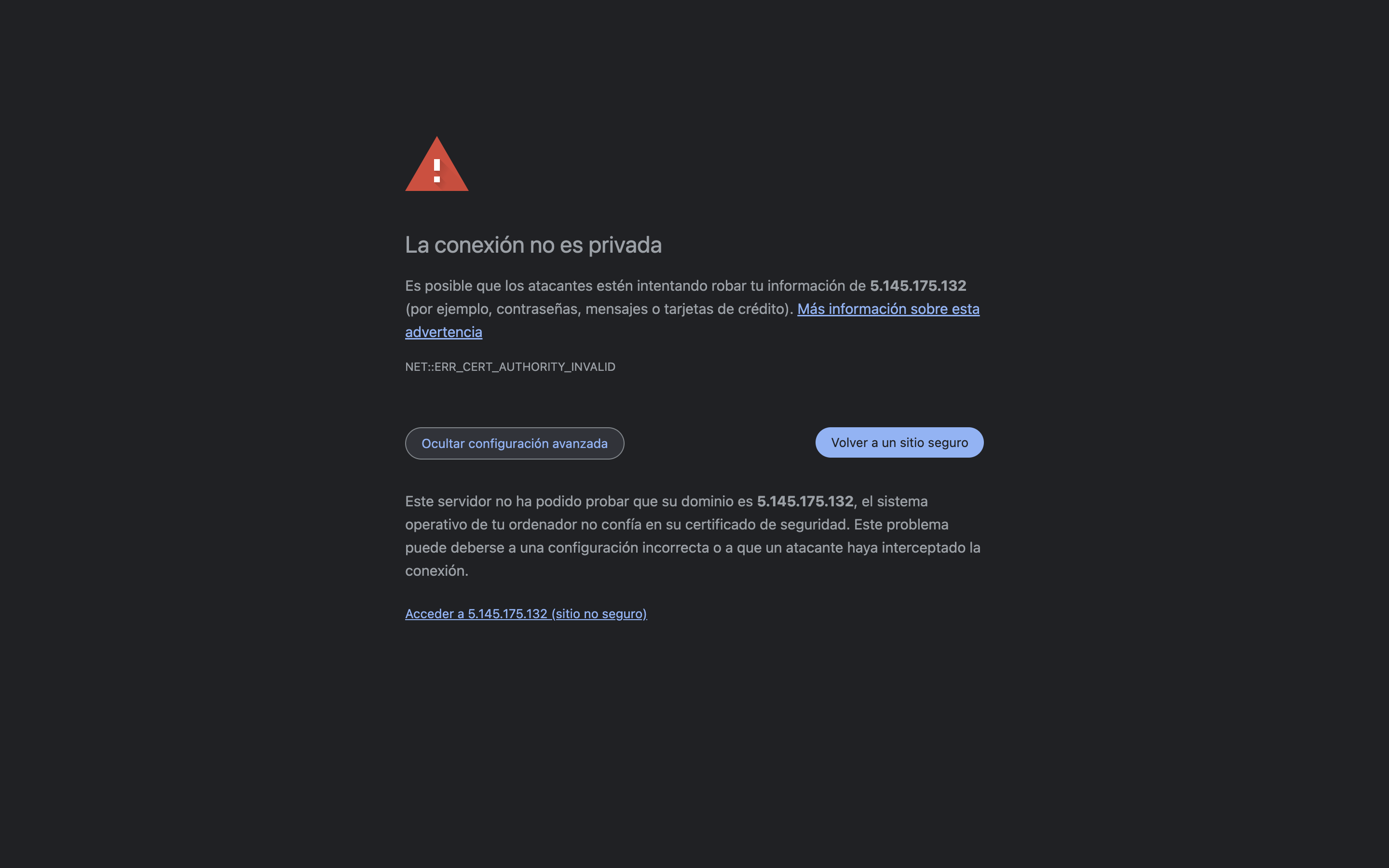 Aviso del navegador La conexión no es privada, con el botón Ocultar configuración avanzada desplegado y el enlace Acceder a la IP del servidor (sitio no seguro)
