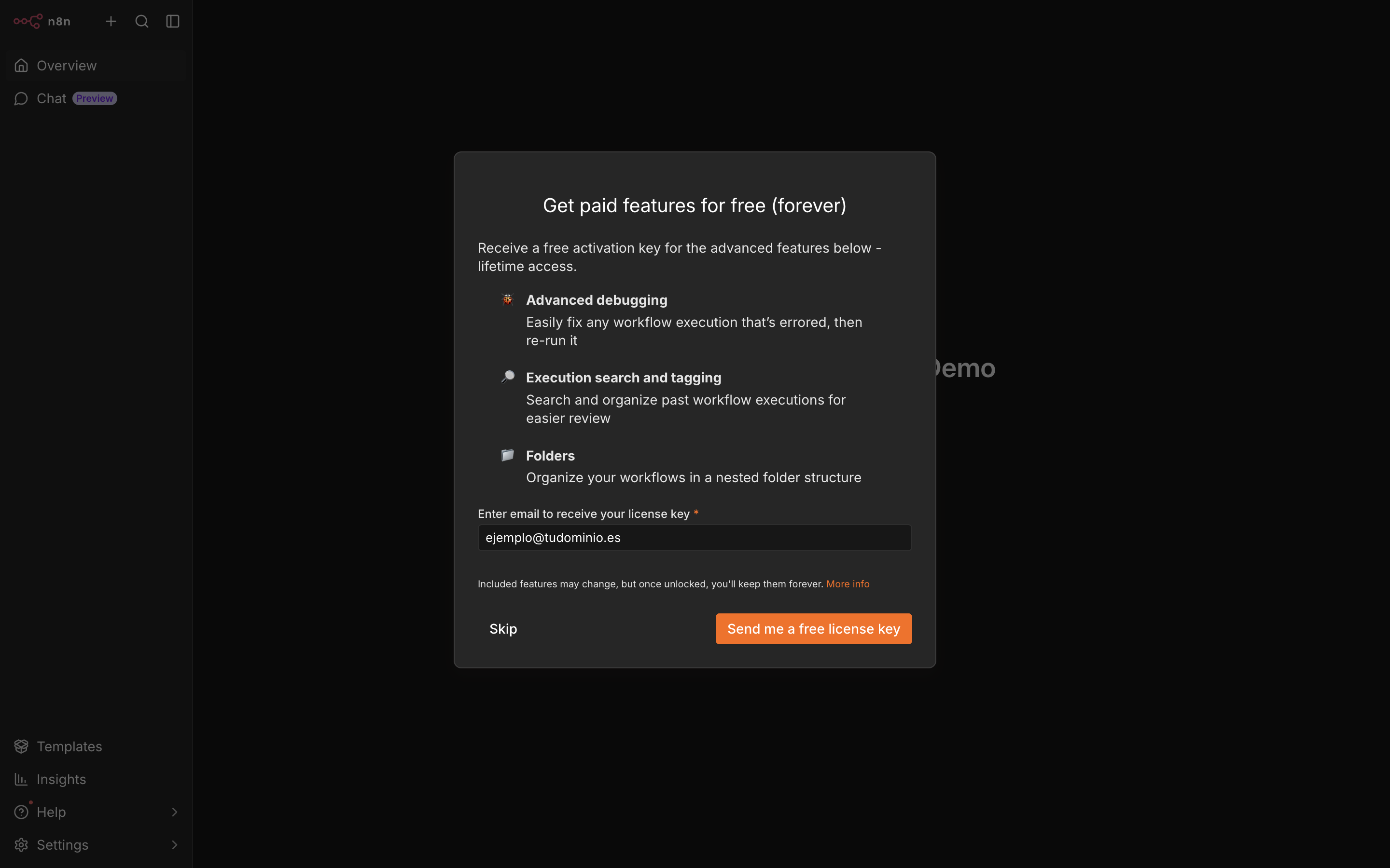 Ventana Get paid features for free con la lista de funciones, el campo de correo y los botones Skip y Send me a free license key