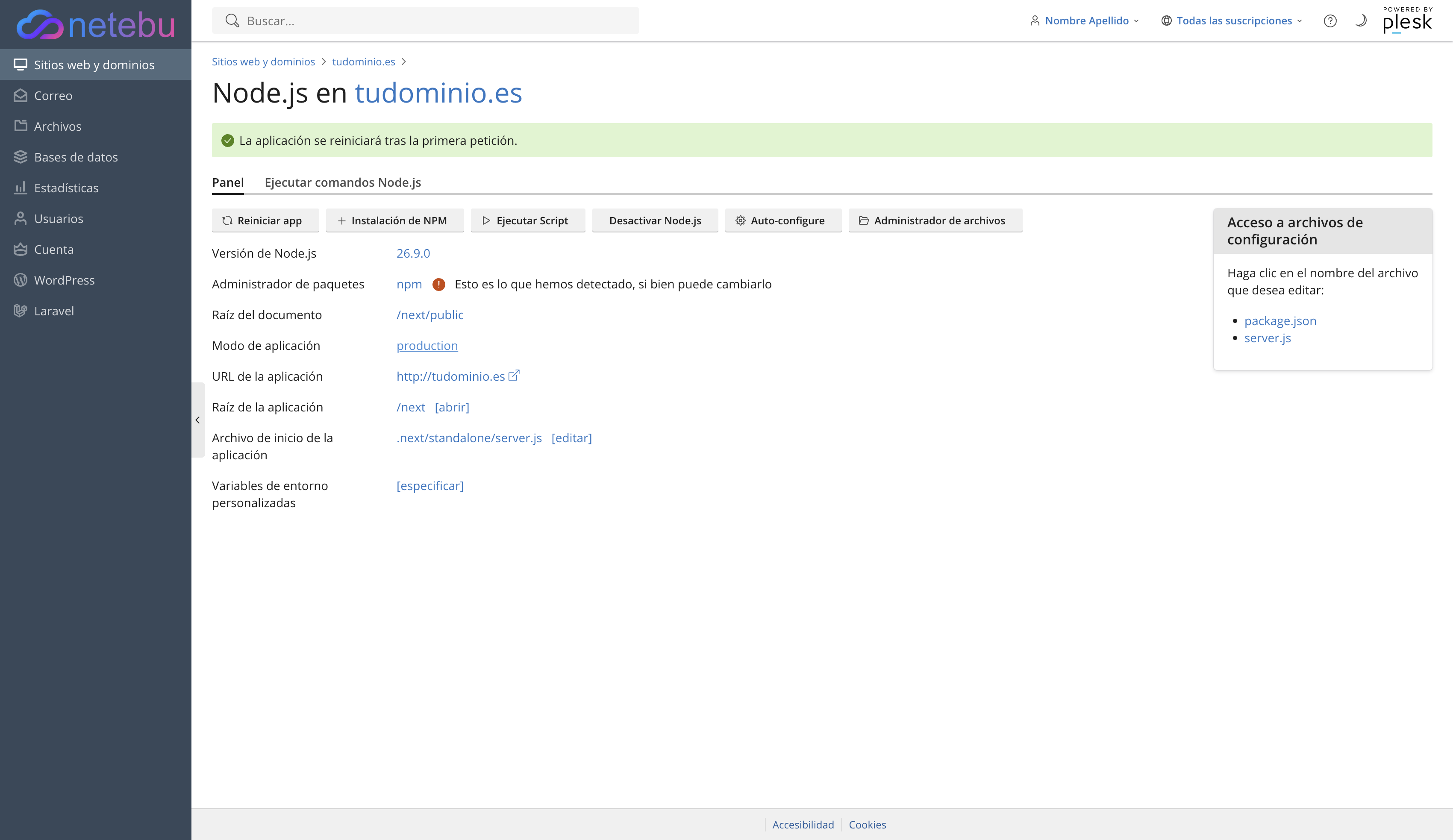 Panel Node.js con la versión 26, la raíz del documento en public, la raíz de la aplicación en la carpeta del subdominio y el archivo de inicio .next/standalone/server.js
