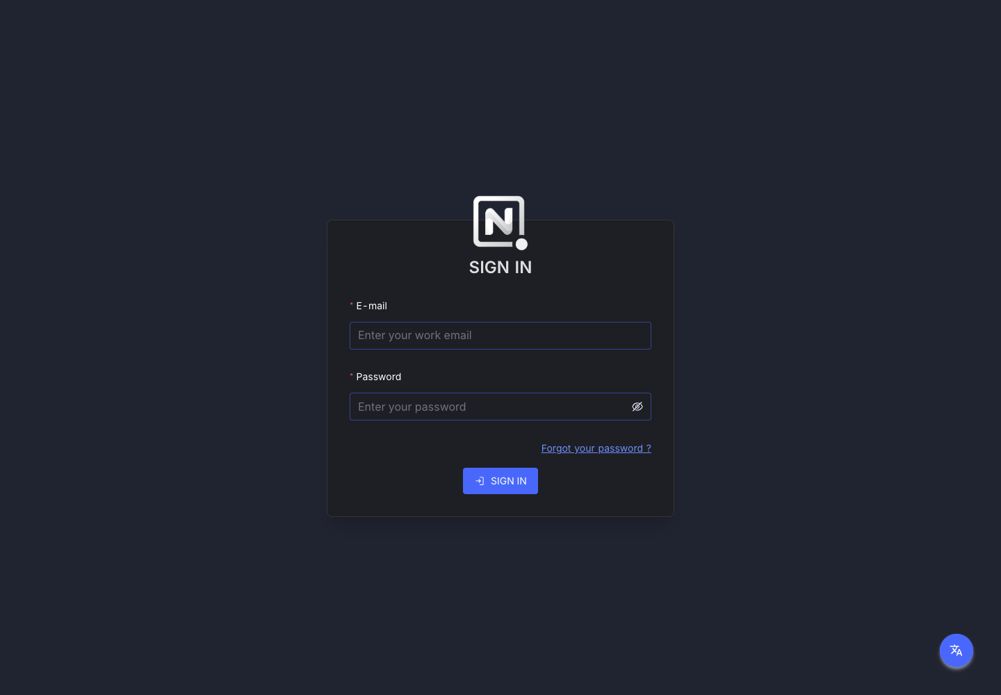 Pantalla Sign In de NocoDB con los campos E-mail y Password vacíos