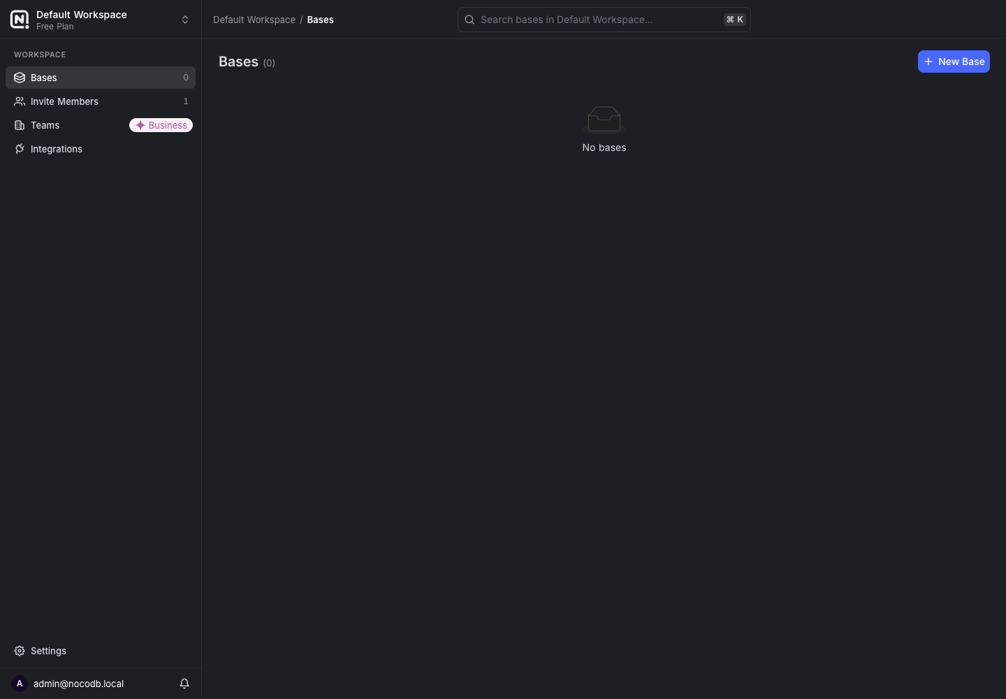Espacio de trabajo por defecto de NocoDB recién creado, con Bases (0) y el botón New Base, y admin@nocodb.local en la esquina inferior