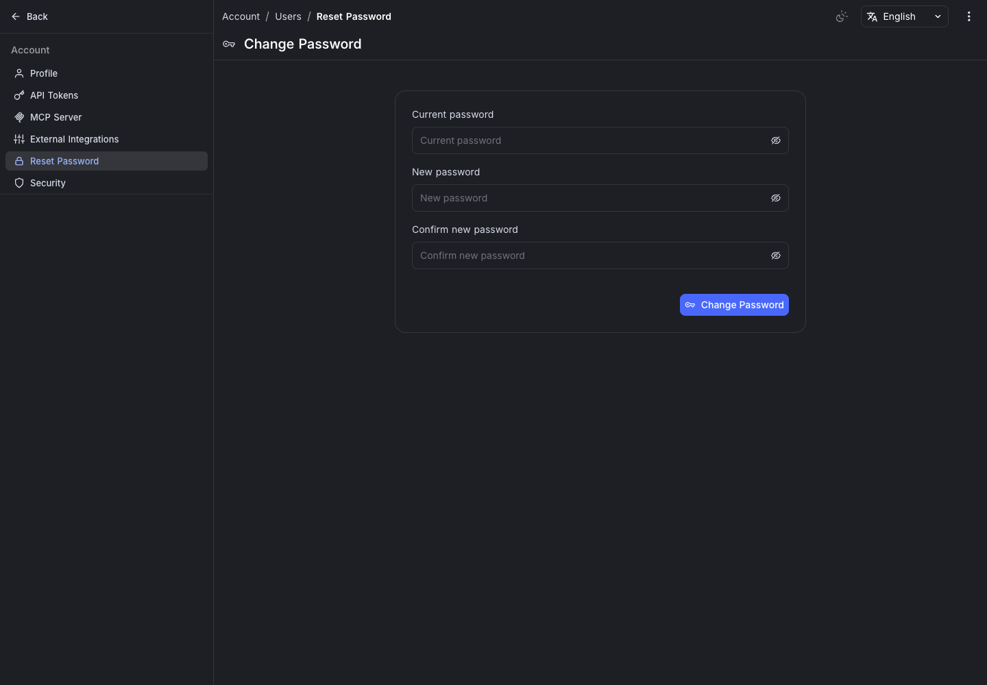 Formulario Change Password de NocoDB, con los campos Current password, New password y Confirm new password vacíos
