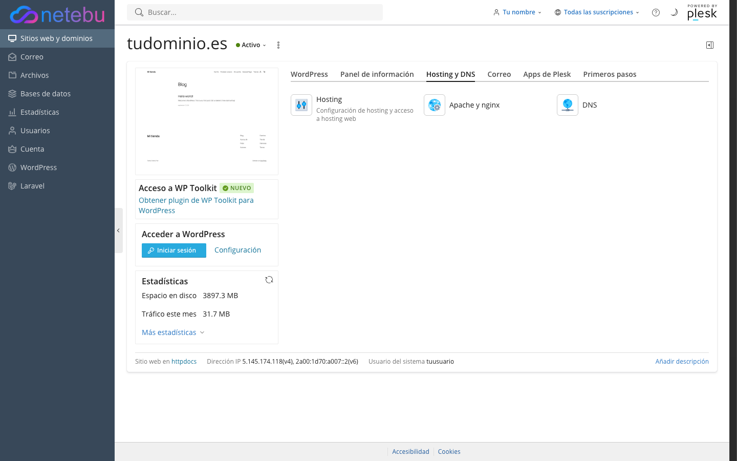 Pestaña Hosting y DNS de un dominio en Plesk, con los accesos Hosting, Apache y nginx y DNS