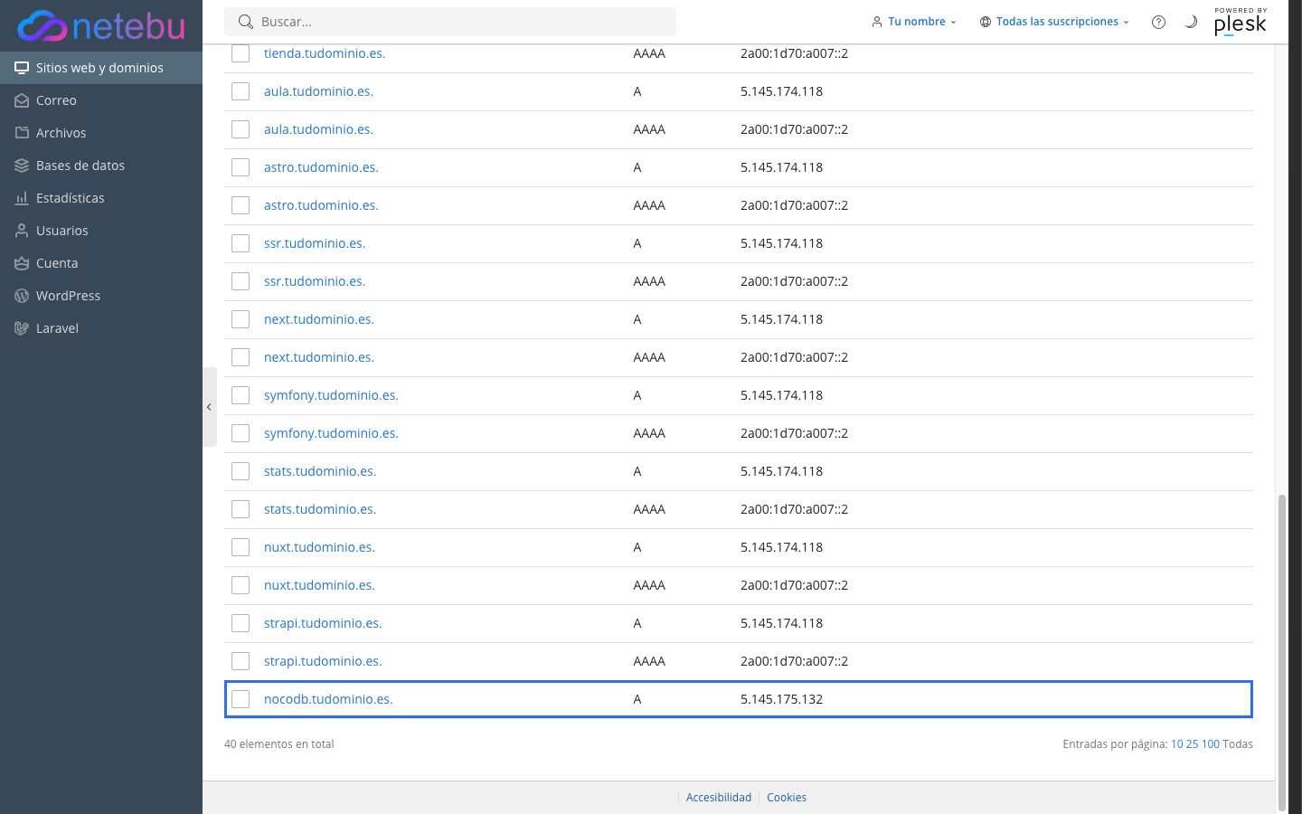 Lista de registros DNS en Plesk con la fila nocodb.tudominio.es. de tipo A y la IP del VPS resaltada