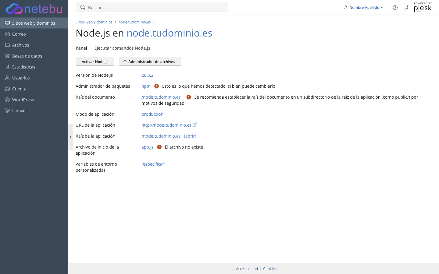 Panel de Node.js sin activar, con Versión de Node.js 26.8.2, Raíz del documento /node.tudominio.es con un aviso para usar public/, y Archivo de inicio app.js marcado como "El archivo no existe"