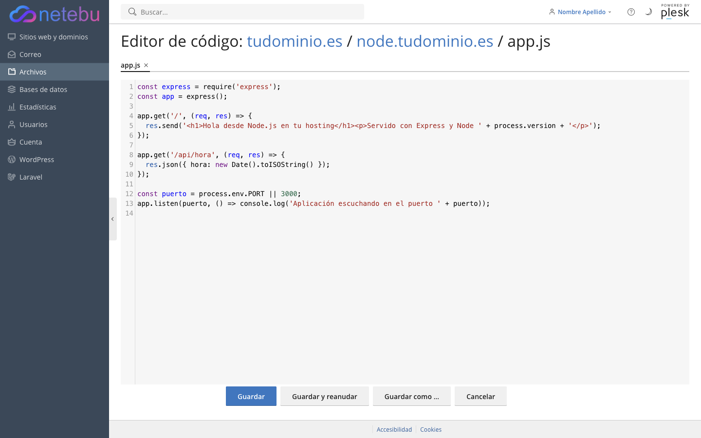 Editor de código con app.js: una app Express que responde en / con un saludo y en /api/hora con la fecha en JSON, y escucha en process.env.PORT