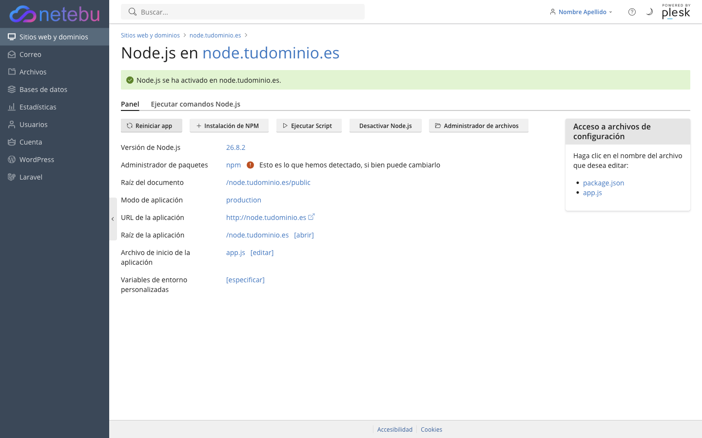 Panel de Node.js activado con el botón Reiniciar app junto a Instalación de NPM, Ejecutar Script y Desactivar Node.js