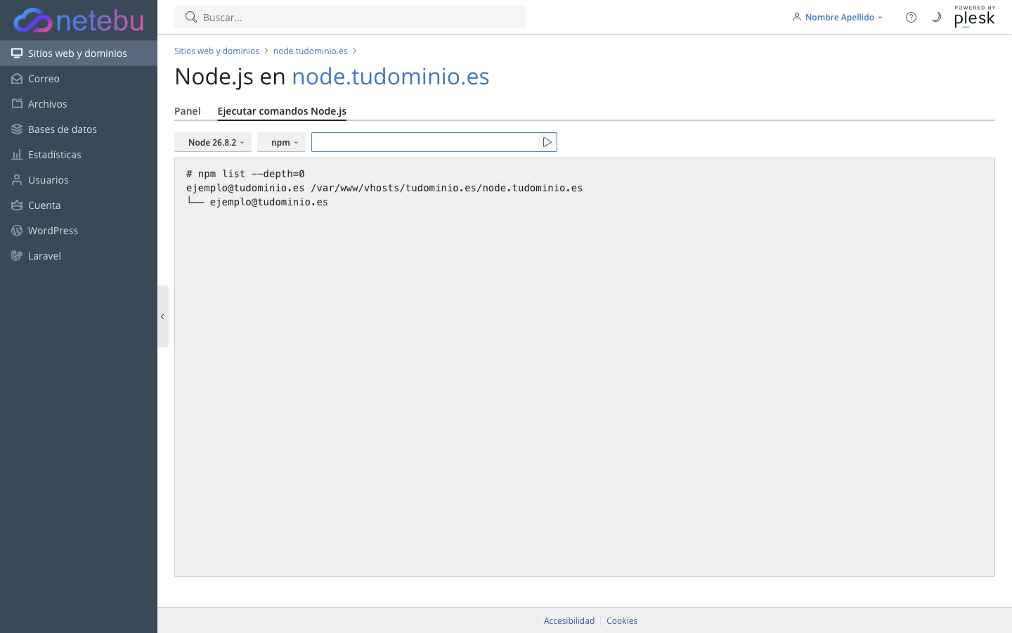 Pestaña Ejecutar comandos Node.js con la salida de npm list --depth=0 mostrando la ruta del proyecto en /var/www/vhosts