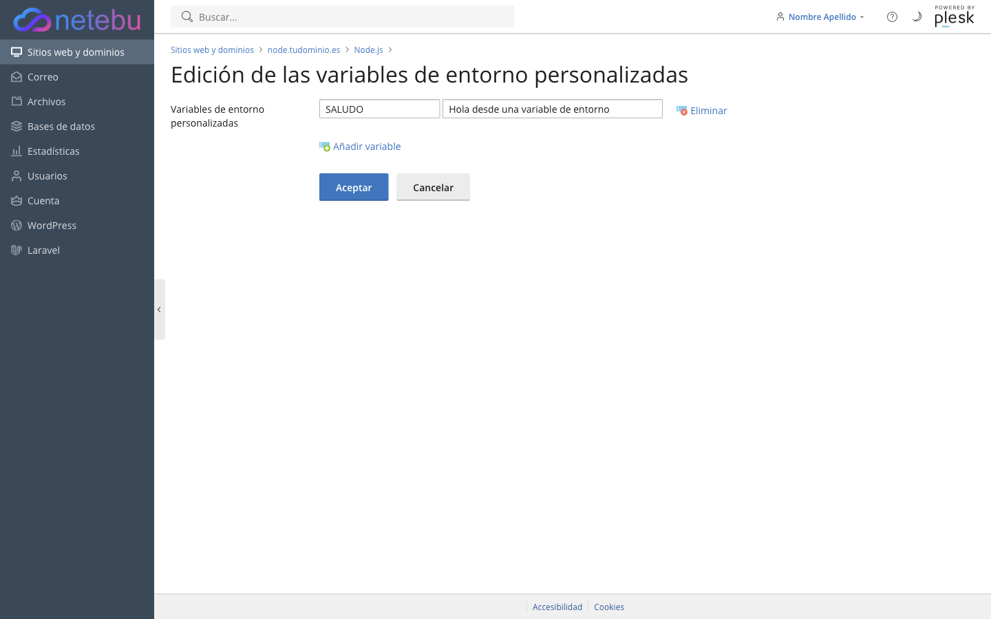 Formulario Edición de las variables de entorno personalizadas con la variable SALUDO y el valor "Hola desde una variable de entorno"
