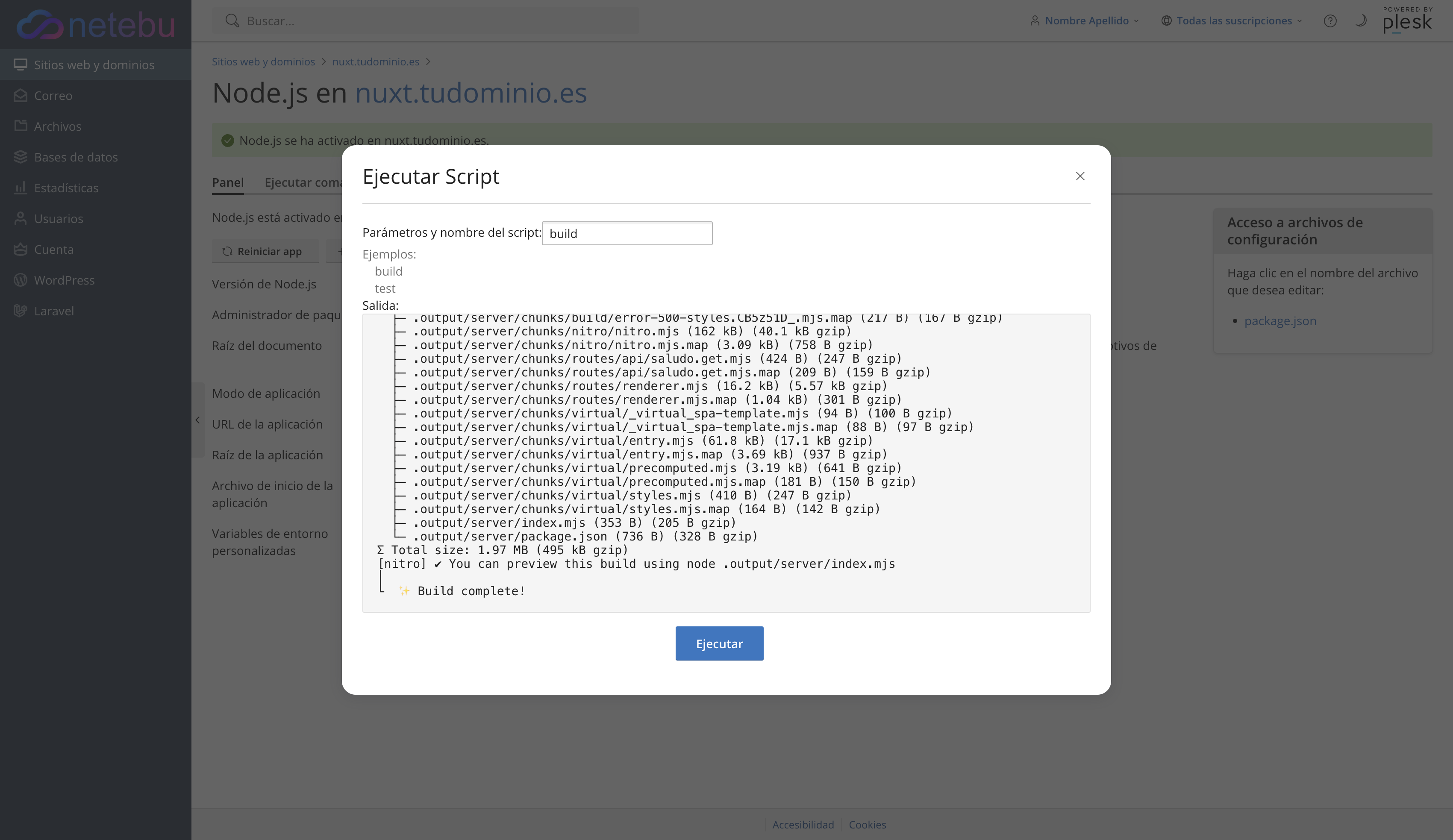Diálogo Ejecutar Script del panel Node.js con el script build y la salida de Nitro terminando en Build complete
