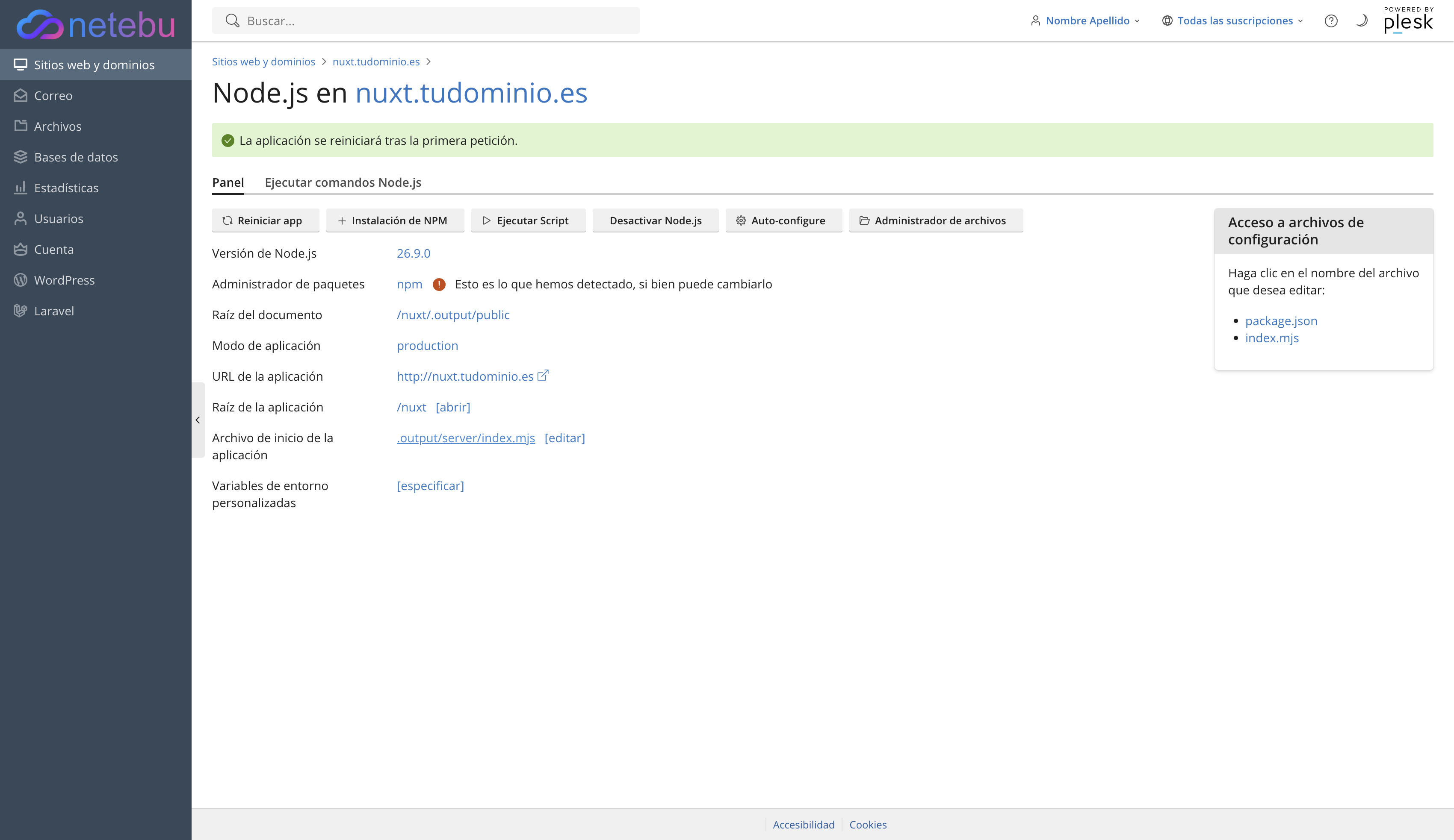 Panel Node.js con la versión 26, la raíz del documento en nuxt/.output/public, la raíz de la aplicación en nuxt y el archivo de inicio .output/server/index.mjs