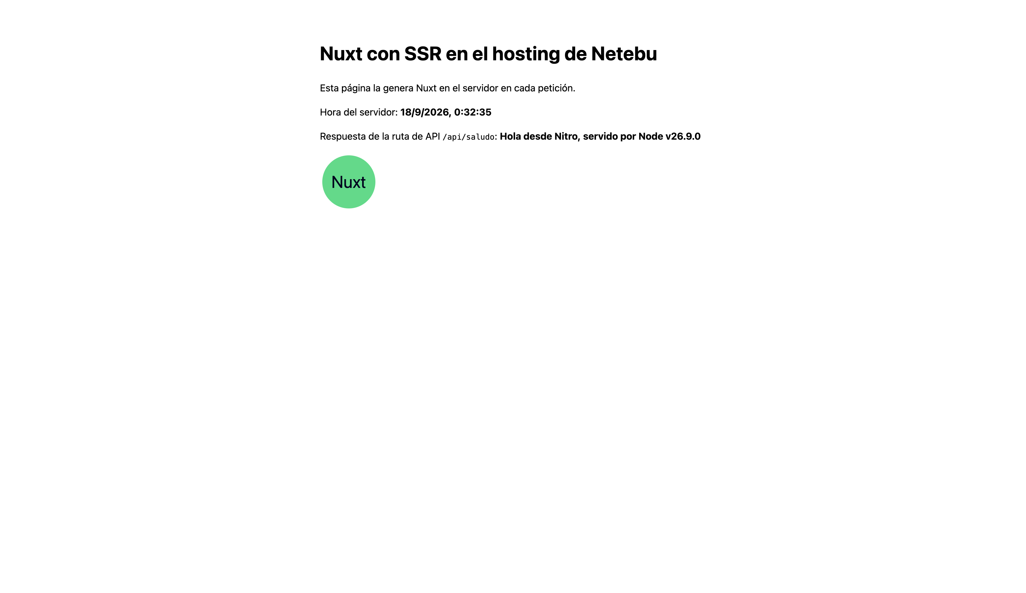 Web Nuxt publicada con la hora del servidor pintada en cada petición y la respuesta de una ruta de API