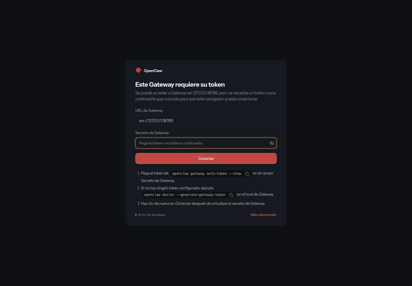 Pantalla real de entrada del token de OpenClaw a través del túnel local, con el campo del secreto vacío