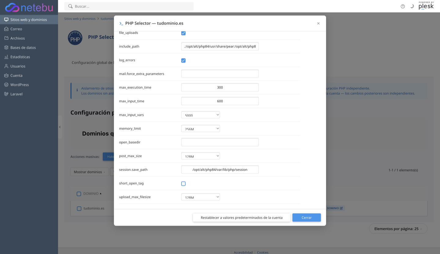 Ficha de PHP Selector de un dominio con las opciones memory_limit, max_input_vars, post_max_size y upload_max_filesize