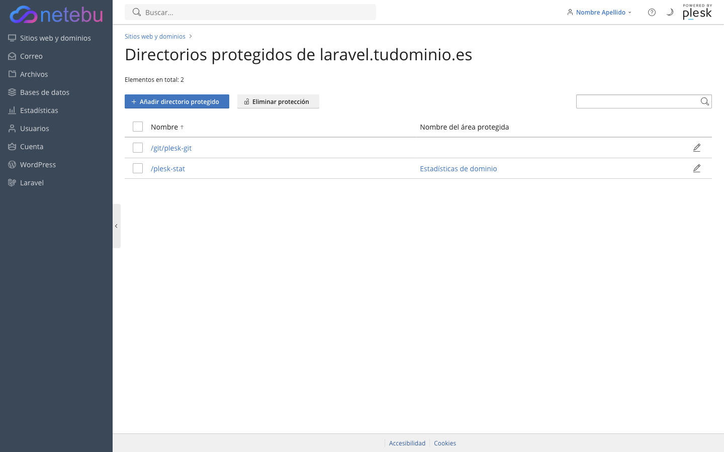 Lista de directorios protegidos de un dominio, con el directorio de estadísticas por defecto