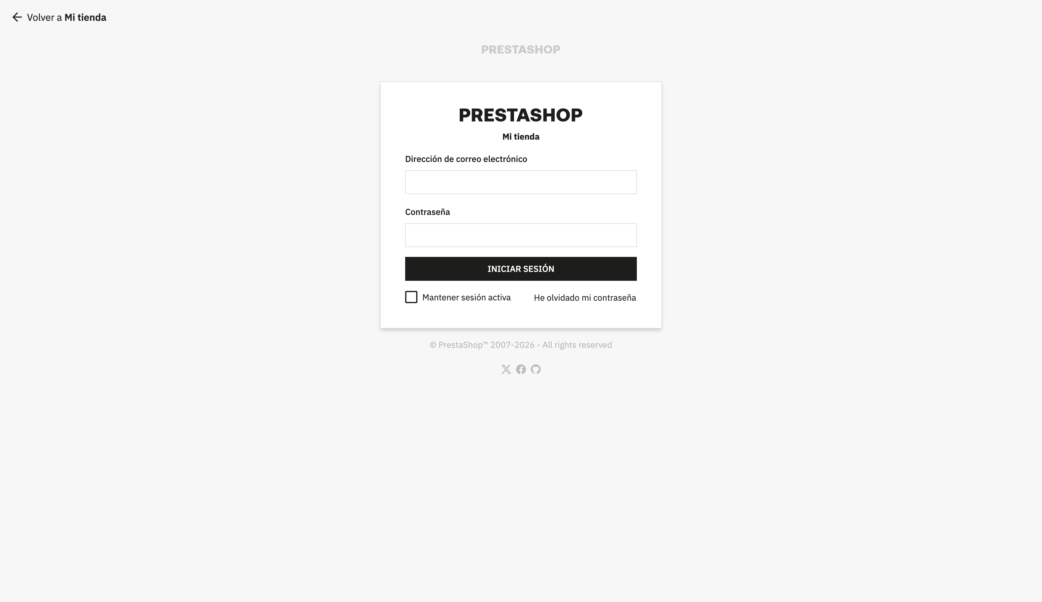 Pantalla de acceso a la administración de PrestaShop con los campos de correo y contraseña